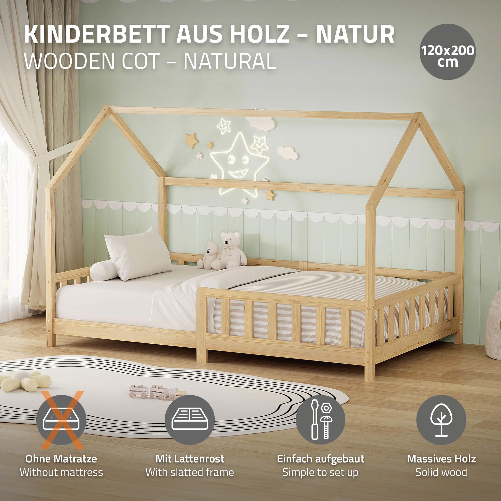 ML-Design Letto a Casetta per Bambini 120x200 cm con Protezione Anticaduta, Tetto e Rete a Doghe, Naturale, Letto a Terra Montessori in Legno Massello di Pino, Letto Singolo per Cameretta