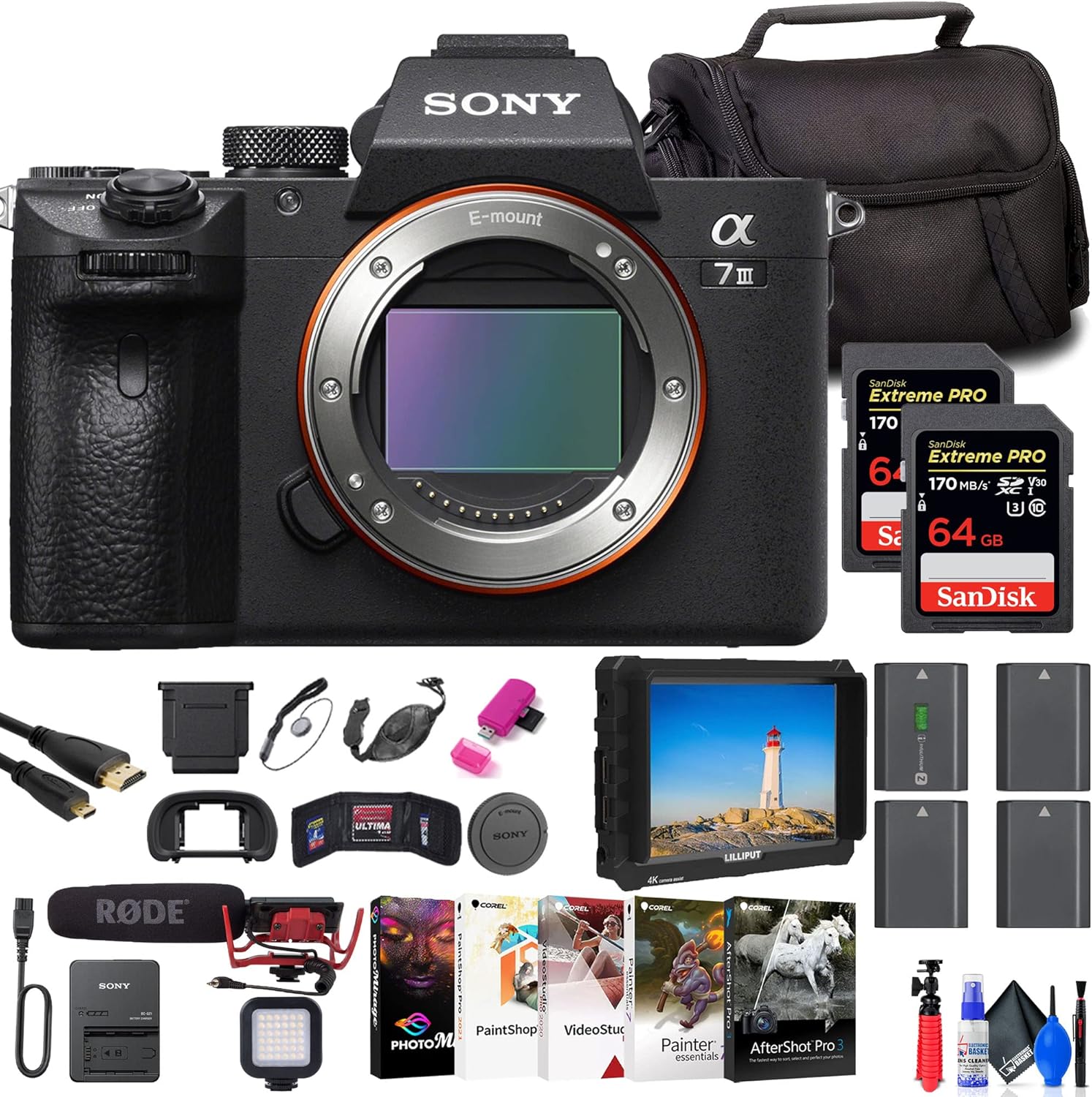 Sony a7 III Mirrorless Camera (ILCE7M3/B) + 4K Monitor + Rode VideoMic + 2 x 64GB Memory Card + Bag + 3 x NP-FZ100 Compatible Battery + Card Reader + LED Light + Corel Photo Software + More (Renewed)