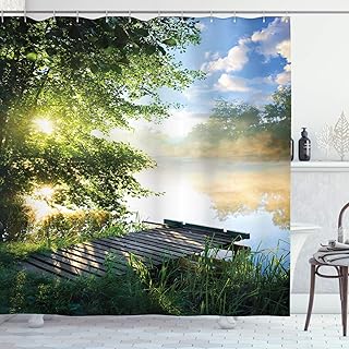 Ambesonne Landscape Shower Curtain, Fishing Pier by River in The Morning Clouds and Trees Nature Image, Cloth Fabric Bathroom Decor Set with Hooks, 69" W x 84" L, Green Blue