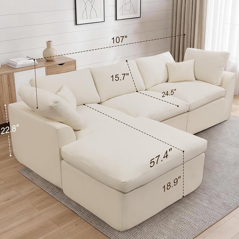 Korser 110" Cloud Sectional Couches for Living Room, Modern Modular Sectional Sofa with Ottoman, Boneless Cloud Couch with Comfy Deep Seats, Fluffy Chenille L-Shape Sofa Couch for Living Room, Beige image 3