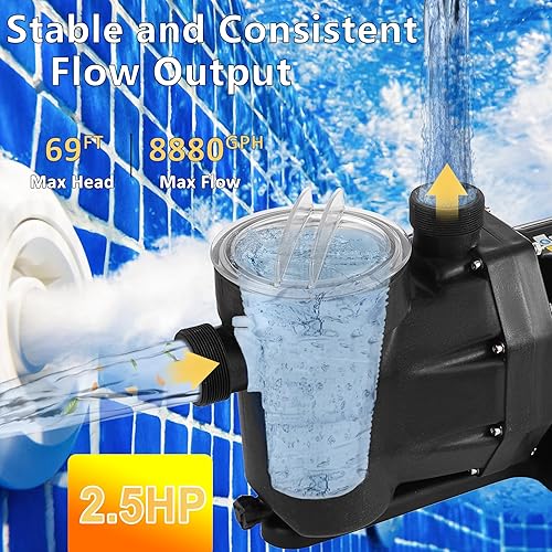 Miniatura 4 de Bomba de piscina de 2.5 HP, bomba de piscina de caudal de 8880 GPH, bombas de piscina de 1850 W en sobre el suelo, bomba autocebante de 110 V para