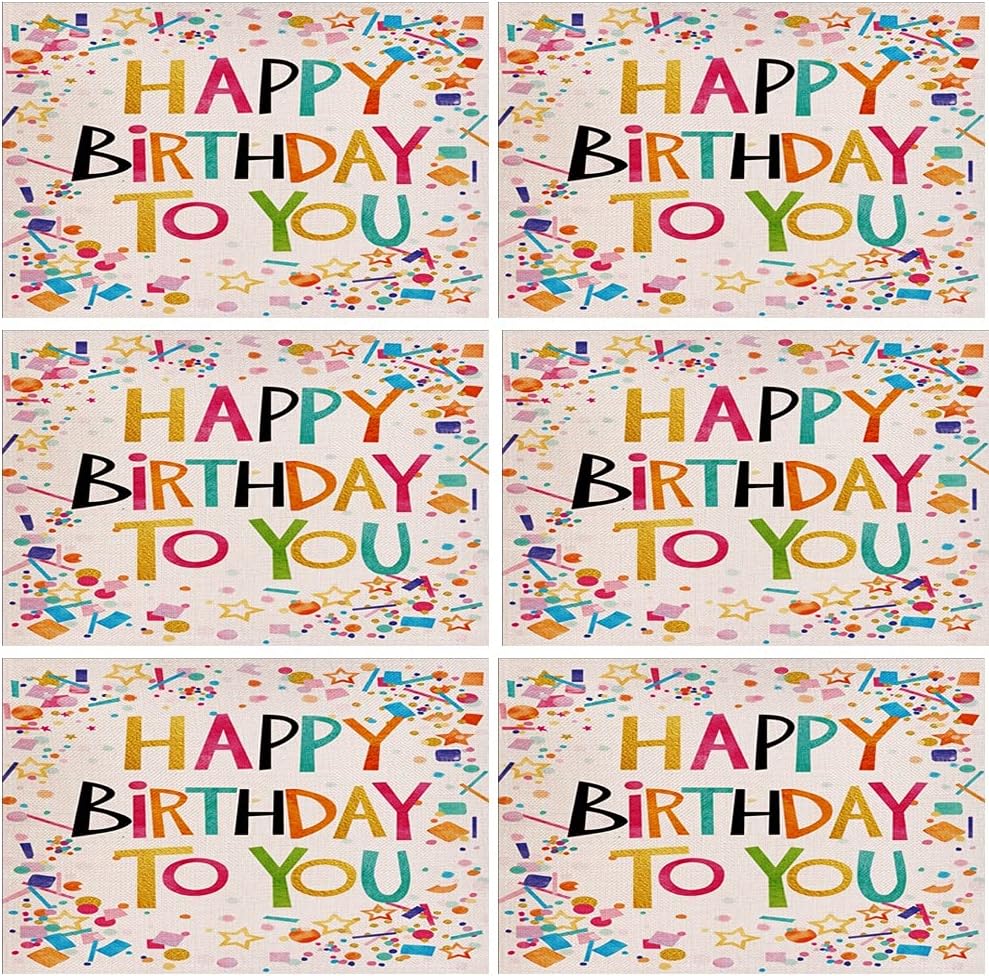Birthday Party Placemats Set of 6,Happy Birthday Table Mats Washable Farmhouse Table Placemat for Dining Table Kitchen Decor (6 PCS) (Pack of 2)