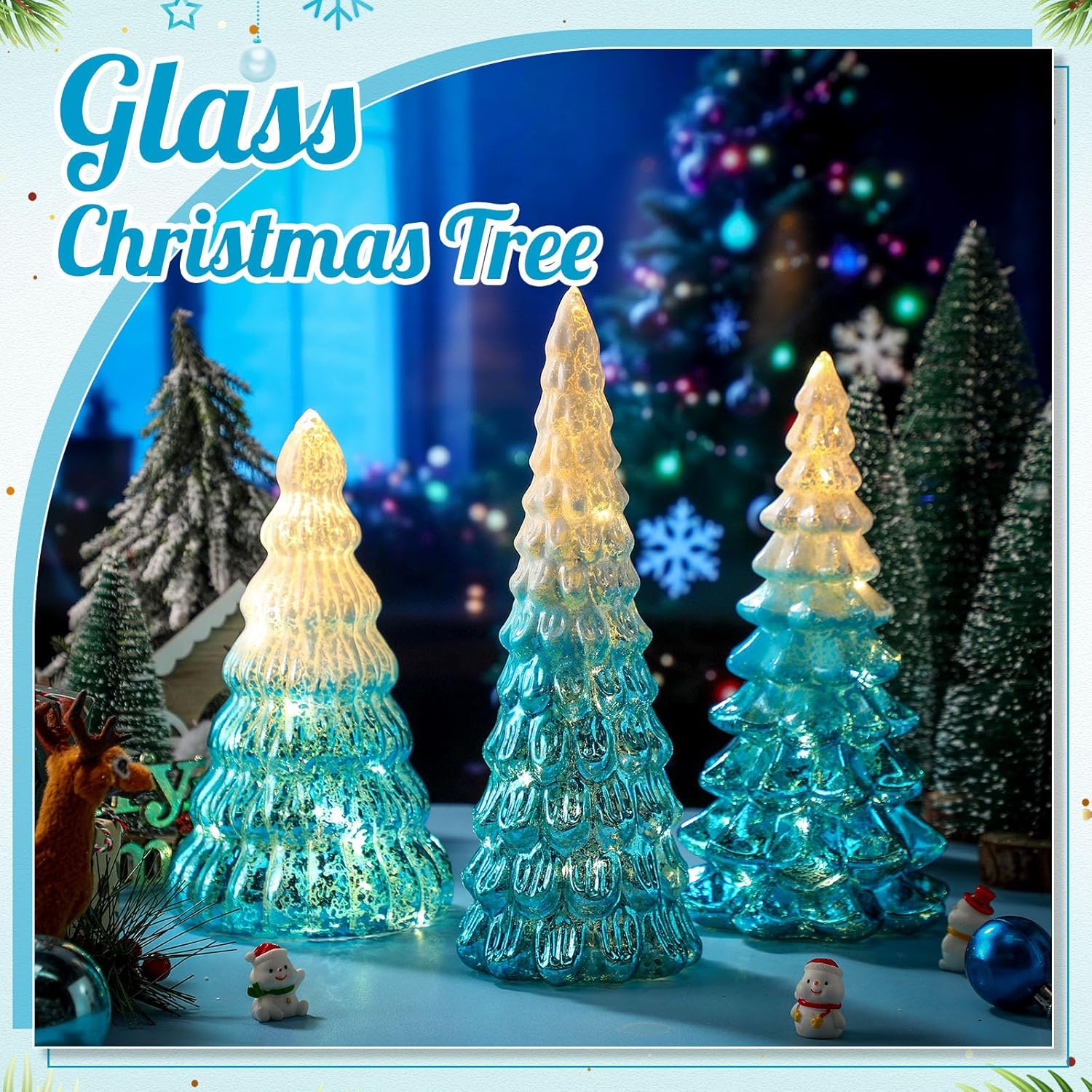 Funnymoom 3 Pack Glass Christmas Trees Decorations Gradient Lighted Christmas Tree 11.4 Inch Snow Top Glitter Xmas Winter Tabletop Centerpieces Gift for Home Fireplace Table Mantle Holiday(Blue)
