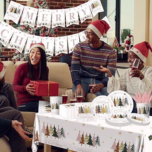 Miniatura 4 de Juego de vajilla de 142 piezas para fiesta de Navidad, platos de papel, servilletas, tazas, suministros de fiesta de Navidad rosa, desechables,