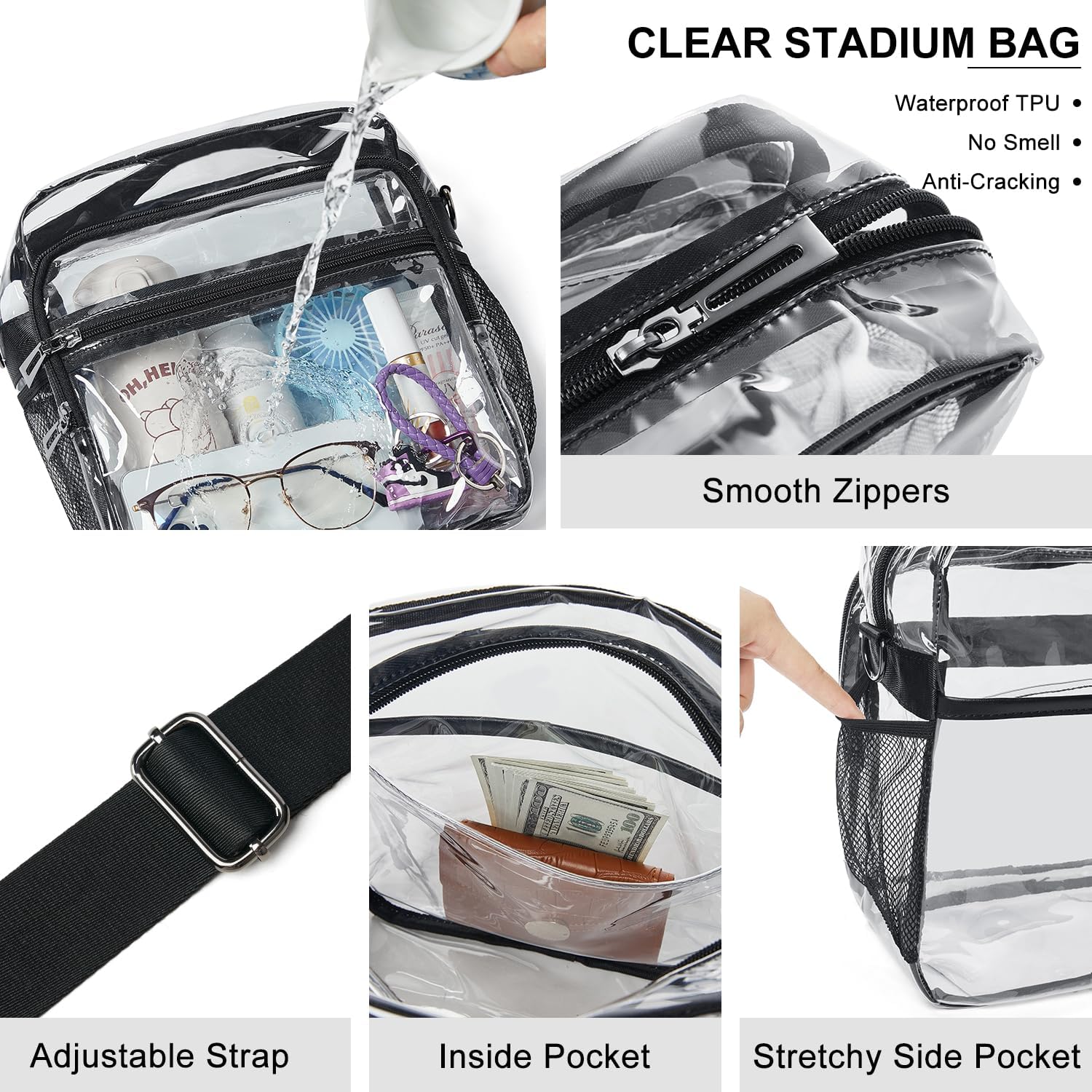 Clear Bag for Stadium Events 12x6x12 Clear Purse with 3-Zipper Pockets Crossbody Handbag Tote for Concerts Sports - Image 5