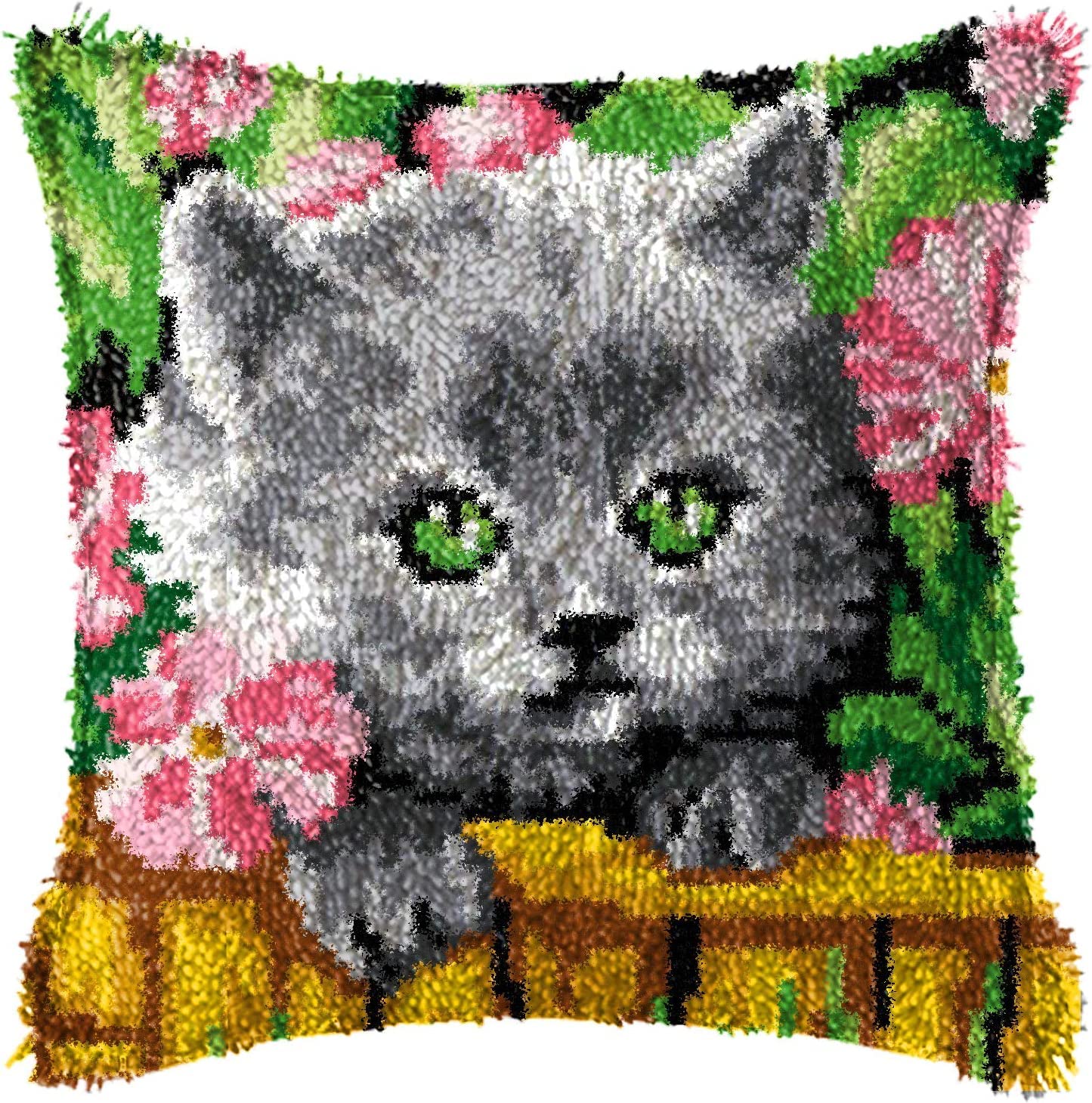ROCKY&CHAO Kit con gancio a chiavistello: federa per cuscino fai da te con simpatico gatto, 43 x 43 cm, artigianato all'uncinetto per principianti, bambini e adulti, decorazione fatta a mano per la