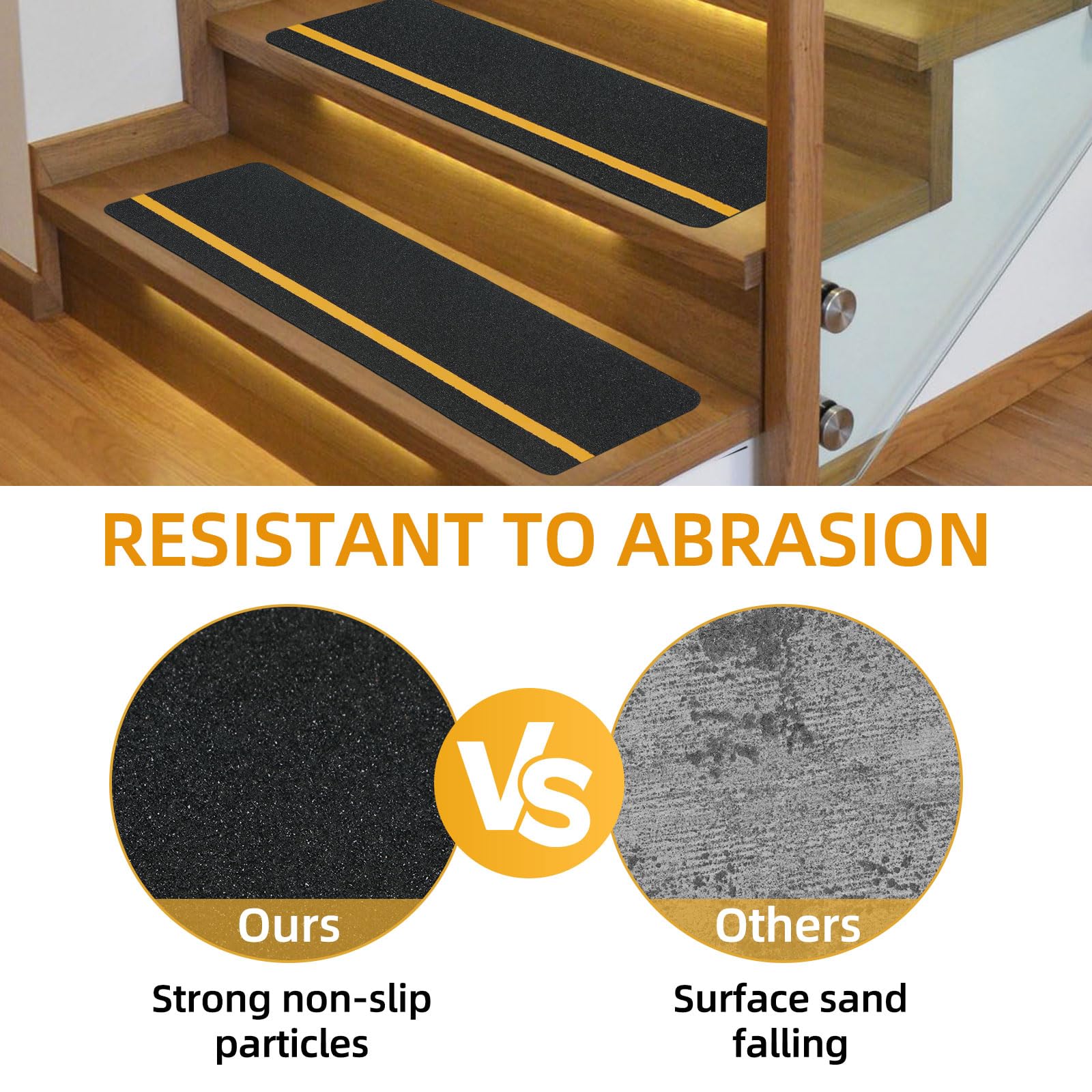 Tiras antideslizantes para escaleras, exteriores, 61 x 10 cm, resistentes a la intemperie, cinta adhesiva de alto rendimiento, 15 unidades, para interiores y exteriores (negro y amarillo)