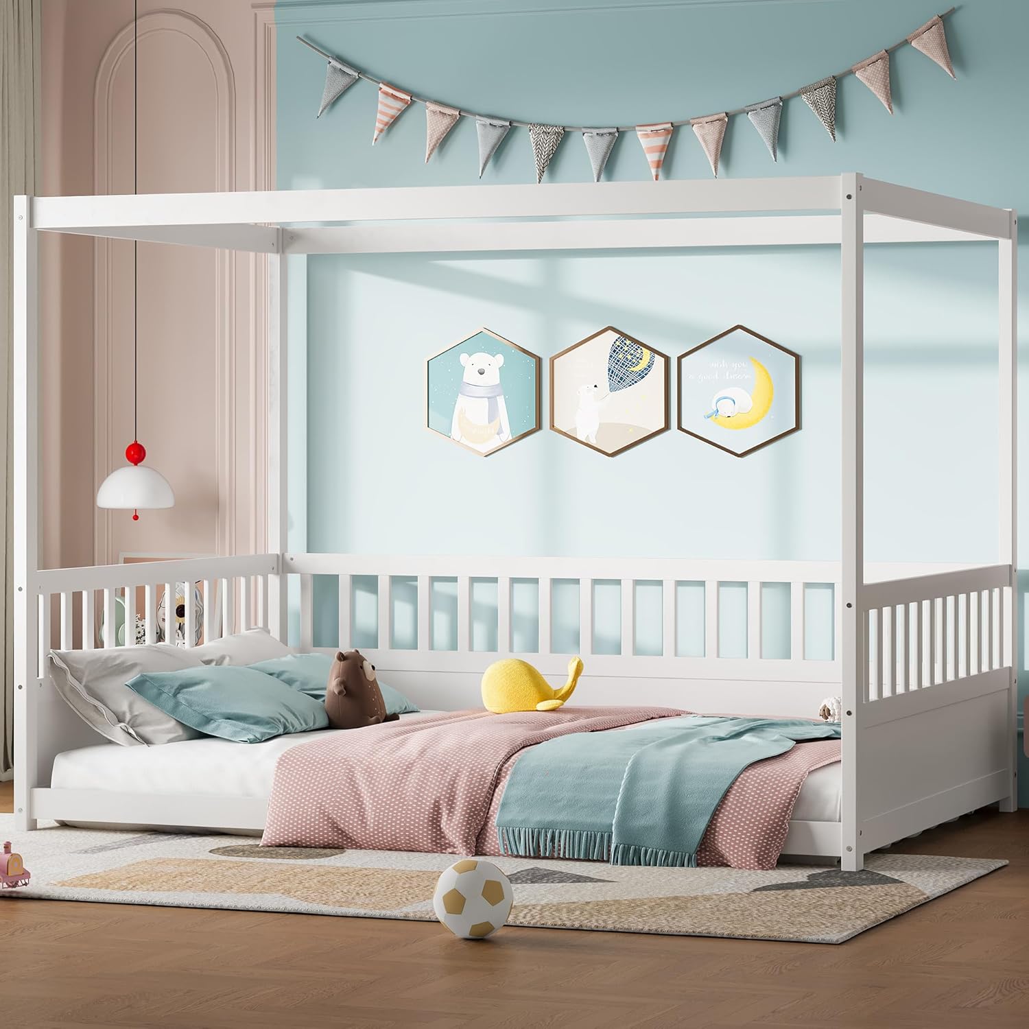 Full Size Canopy Bed Frame with 4 Posters and Guardrails, Full Size Montessori Floor Bed with High Fence, White Montessori Bed Full Size