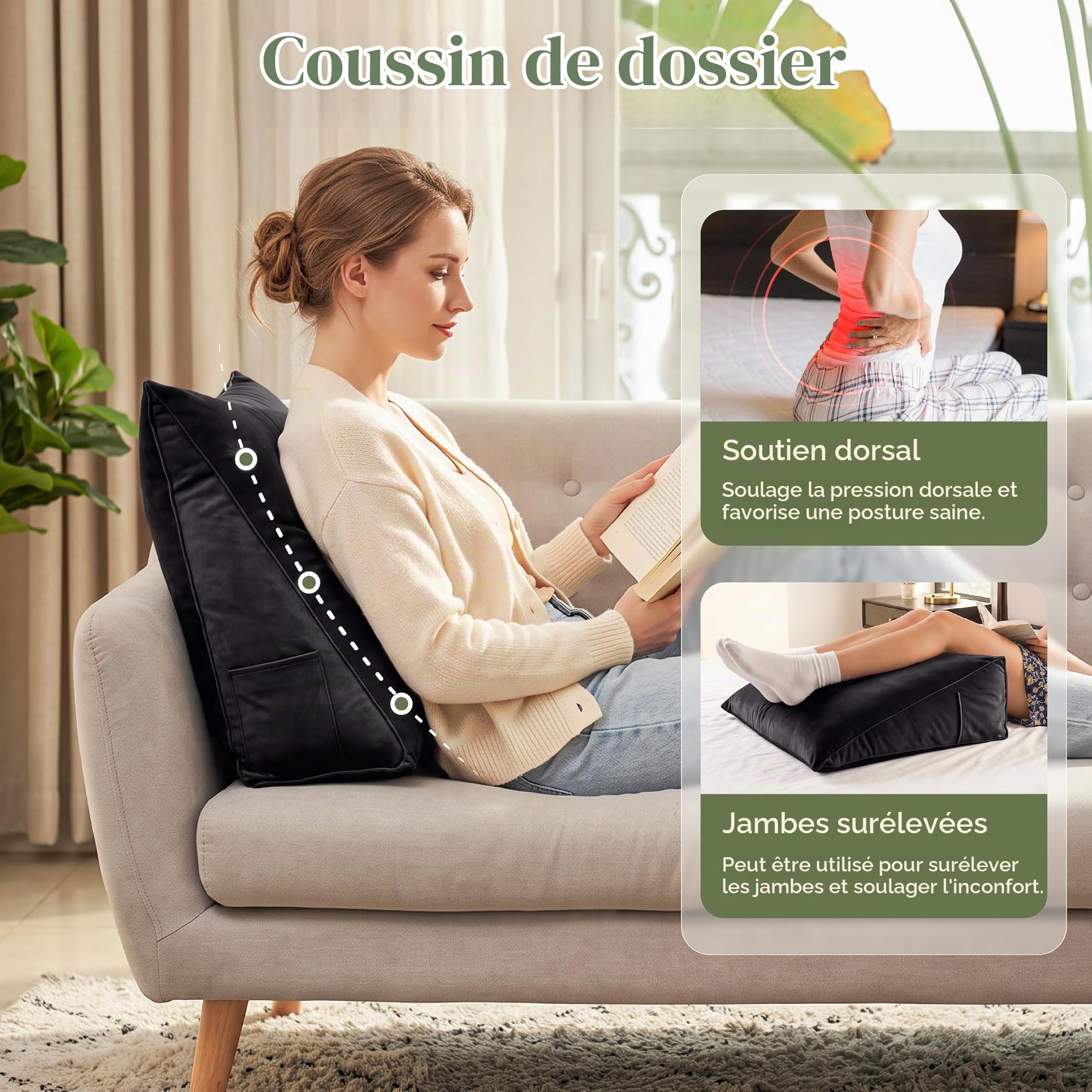 Oreiller Compensé Tête de Lit Oreiller de Lecture Oreiller Triangulaire Support Dorsal pour S'asseoir dans le Lit Oreiller de Soutien de Positionnement pour Canapé Lit de Jour Housse Amovible