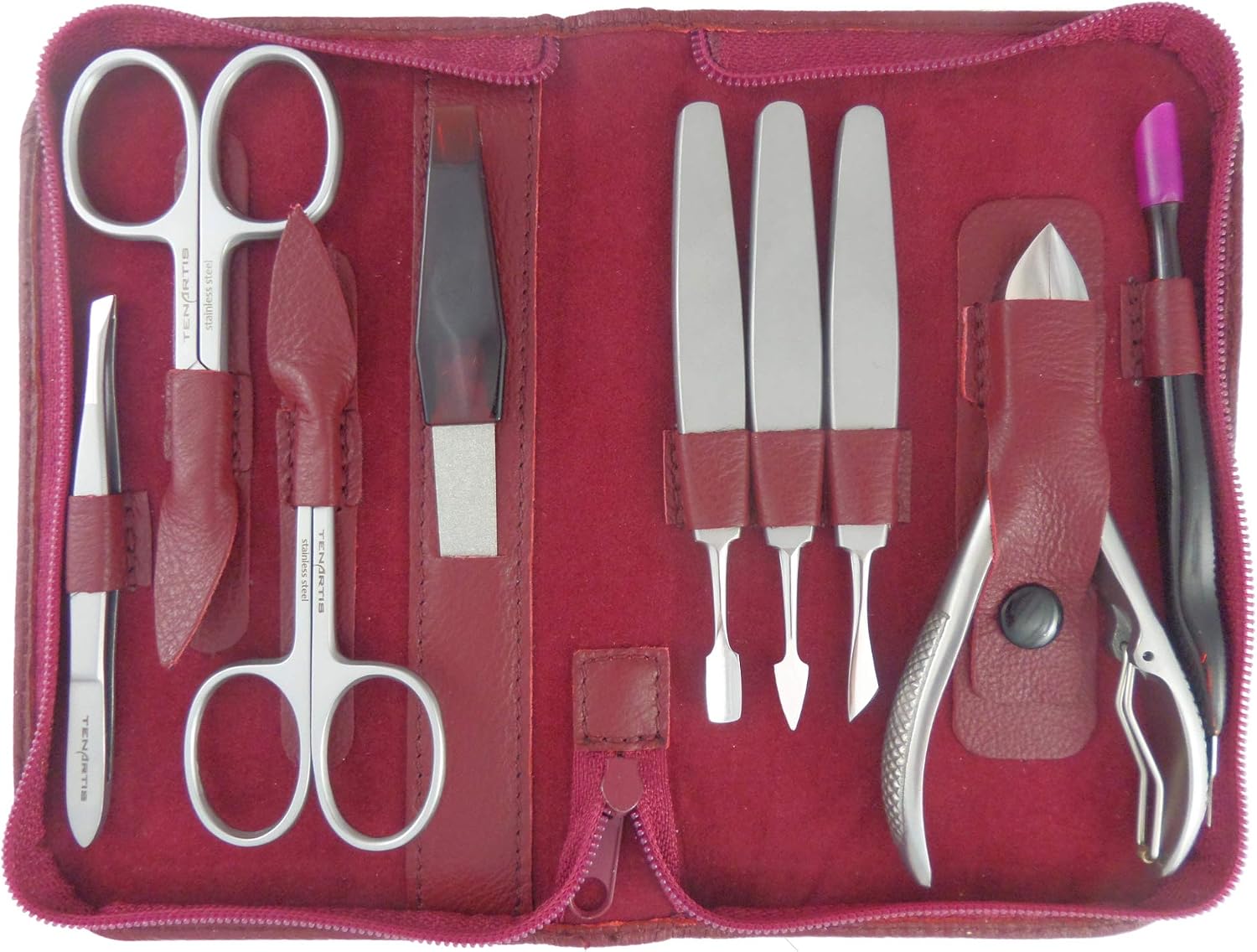 Tenartis 394 Stainless Steel 9-Piece Red Nappa Genuine Leather Manicure & Pedicure Set including Zipper - Made in Italy