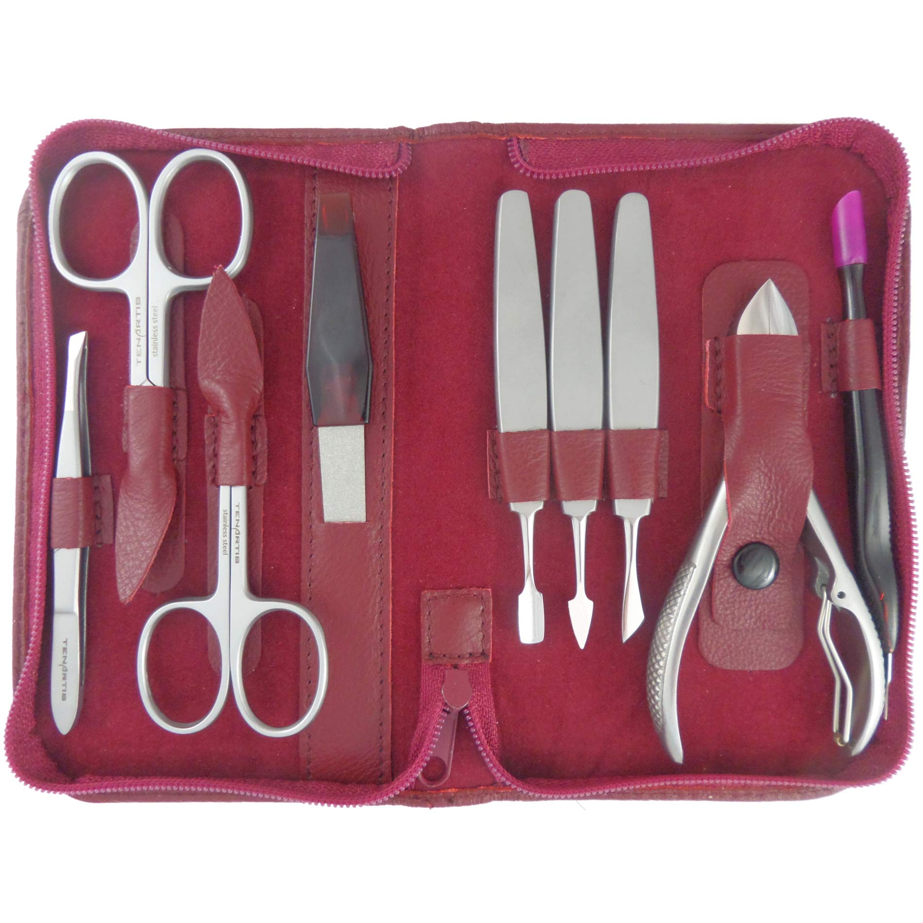 Tenartis 394 9 teiliges Edelstahl Maniküre und Pediküre Etui aus echtem Leder mit Reißverschluss - Rot