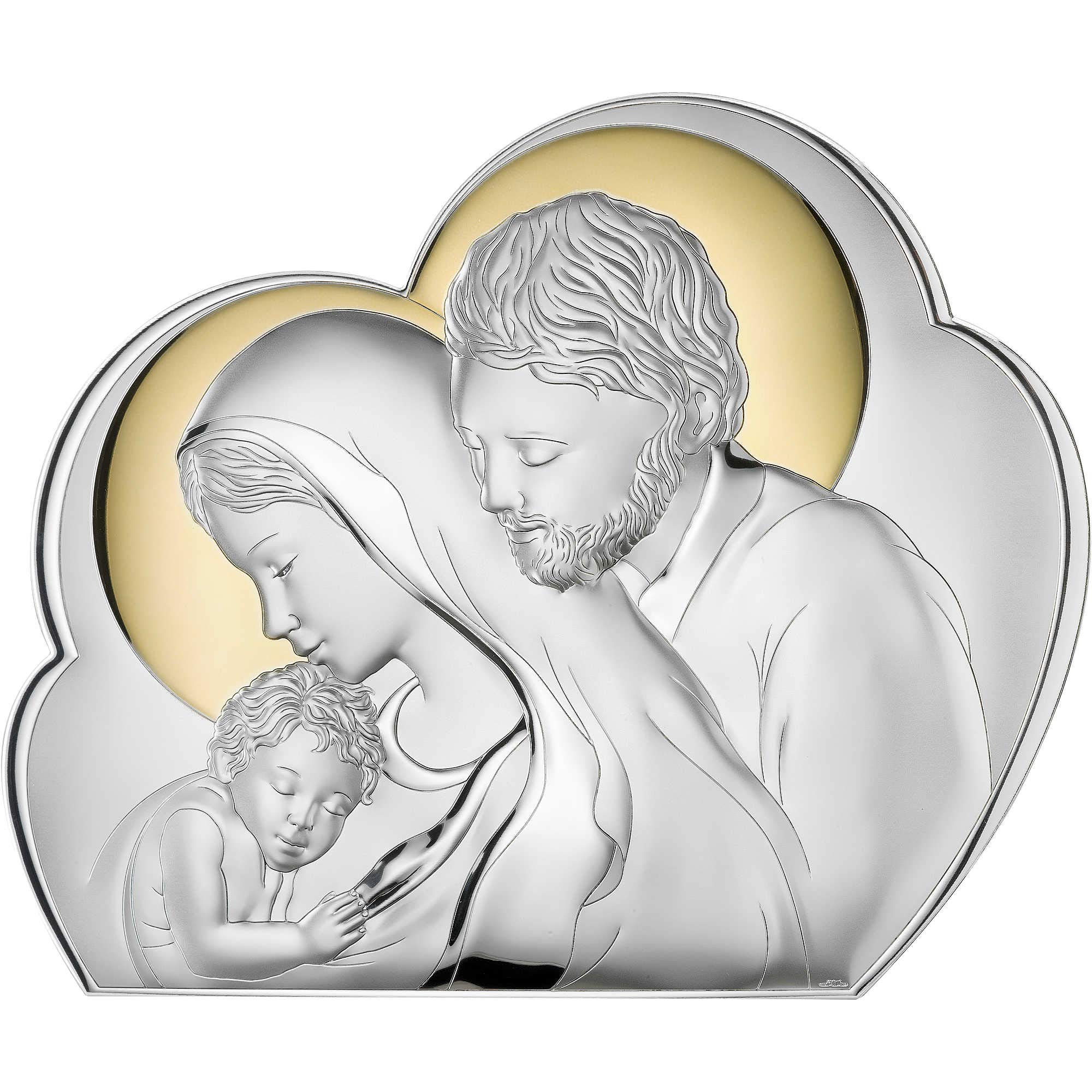 Pannello di valenti. Pannello in argento laminato e oro, retro in legno, raffigurata la sacra famiglia. Le dimensioni sono 19x15 cm,5 cm. La referenza è 81245 4l