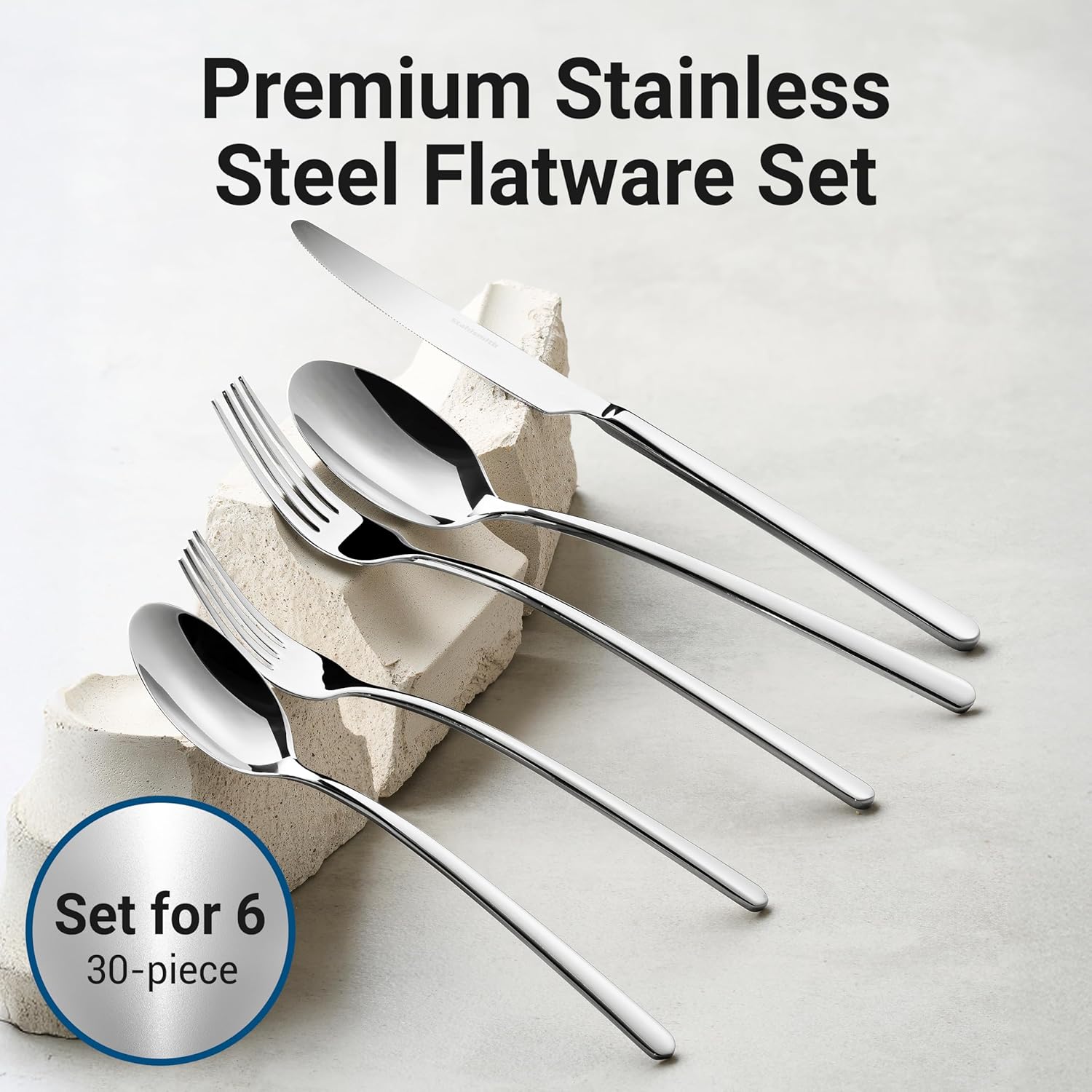 Riesa Flatware Set for 6, 30-Piece 18/10 Stainless Steel Silverware Set, Modern Cutlery Set with Mirror Finish, Dishwasher Safe Kitchen Utensils, Mother’s Day Gift