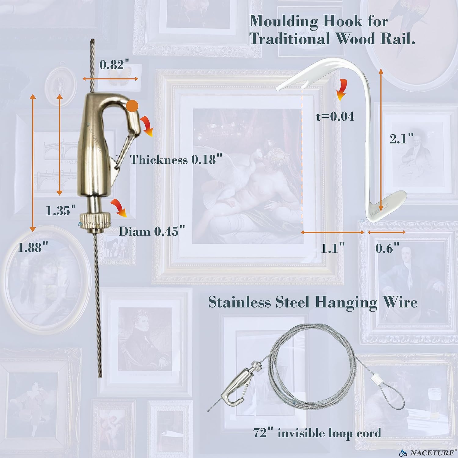 Picture Hanging Kit – Picture Rail Hooks with 12 of Each White Rail Hooks, 72 Inch Invisible Loop Cord, 12 Adjustable Hooks – Stainless Steel Picture Molding Hangers Nylon and Steel Cable