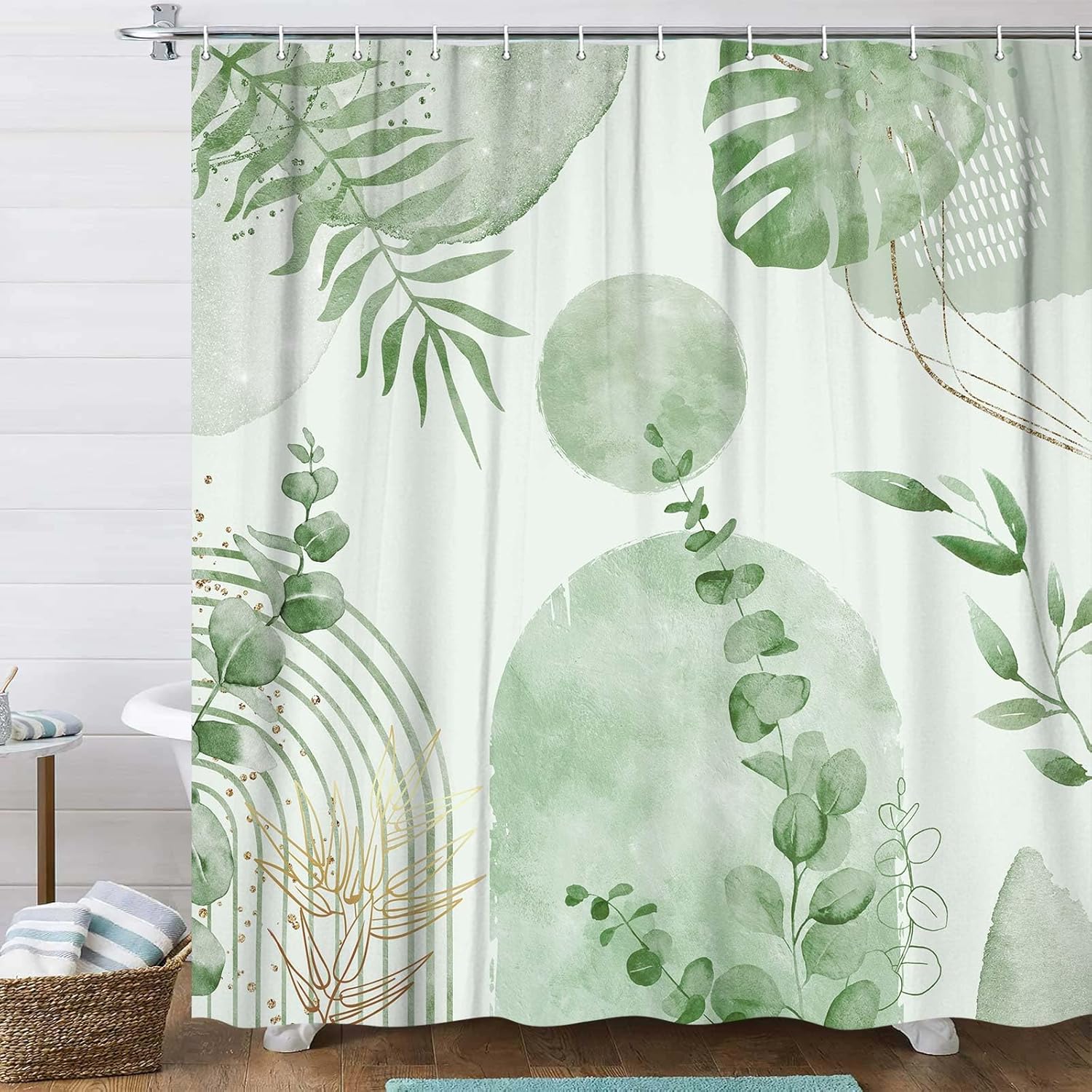 Sage Green Boho Shower Curtain, Abstract Bohemian Mid Century Modern Tropical Palm Leaves Shower Curtain Set, Gold Geometric Plant Minimalist Polyester Bathroom Decor Bath Curtains with Hooks,72X78