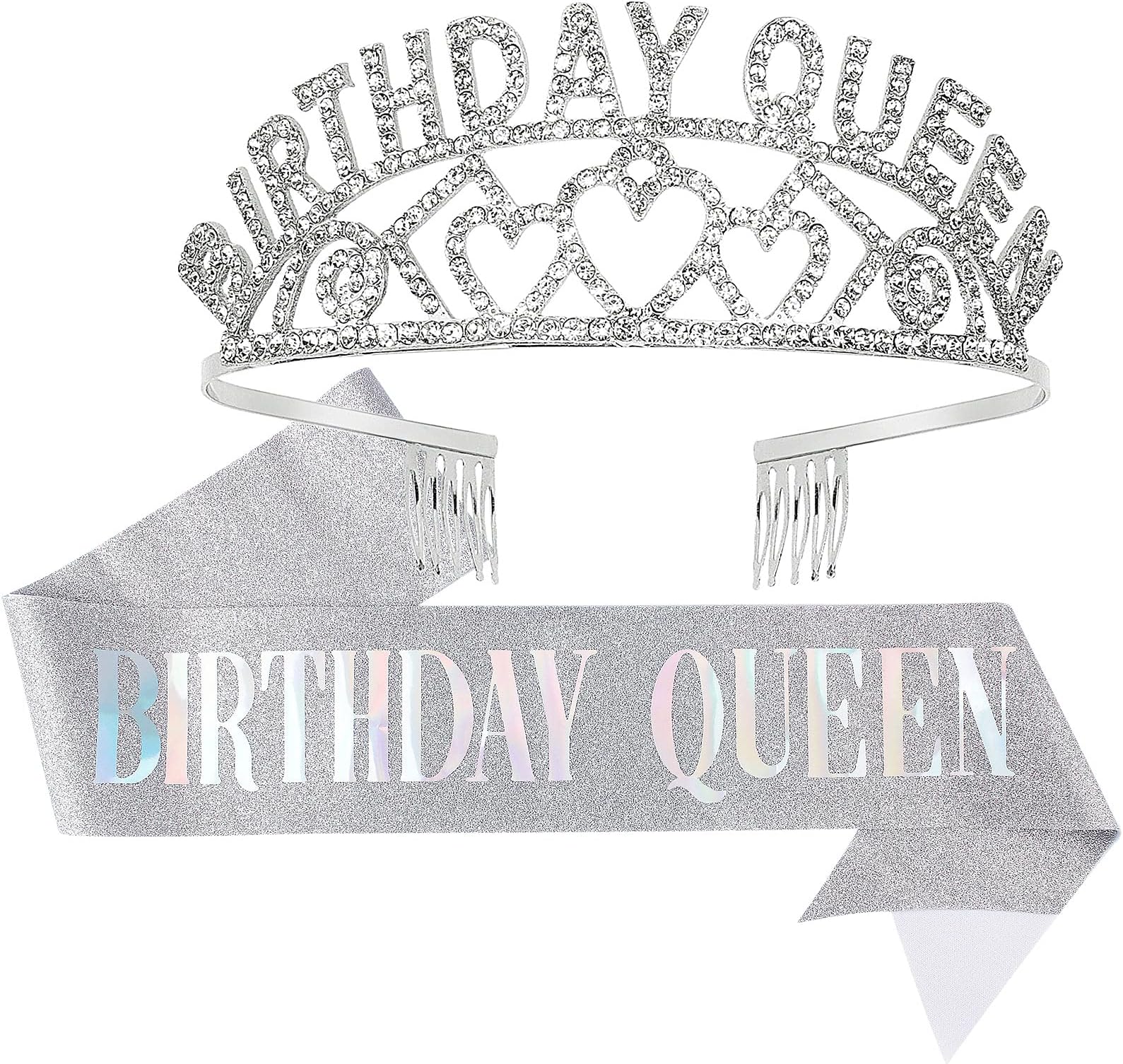 Crowns for Women,CIEHER Birthday Queen Sash & Rhinestone Tiara Kit,Tiaras and Crowns for Women,Silver Queen Crown,Princess Elegant Crown with Combs,Sweet Birthday Party Decorations,Birthday Gift