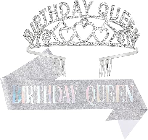 Coronas para mujer, CIEHER Birthday Queen Sash y Tiara de diamantes de imitación, tiaras y coronas para mujer, corona de reina plateada, corona