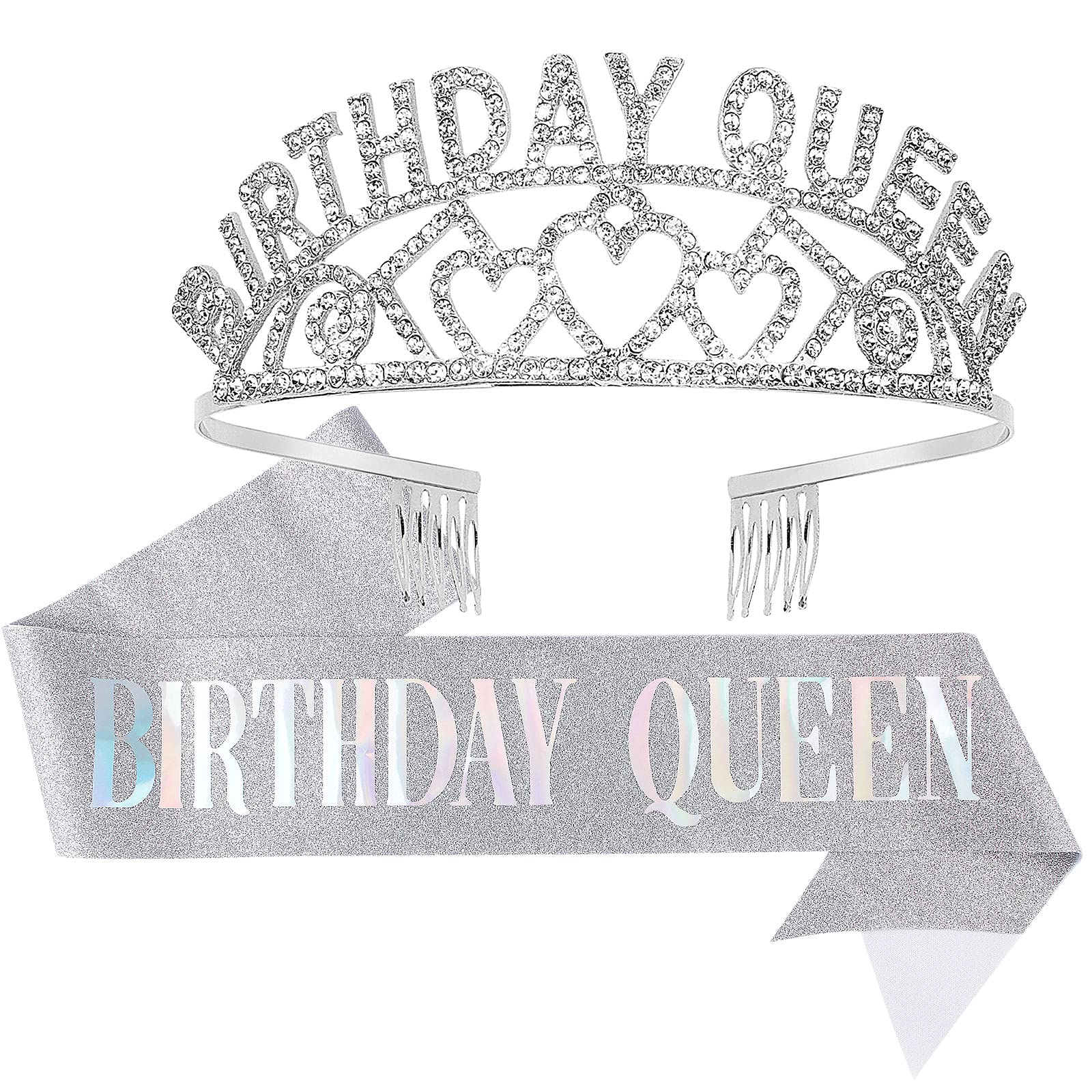 Crowns for Women,CIEHER Birthday Queen Sash & Rhinestone Tiara Kit,Tiaras and Crowns for Women,Silver Queen Crown,Princess Elegant Crown with Combs,Sweet Birthday Party Decorations,Birthday Gift