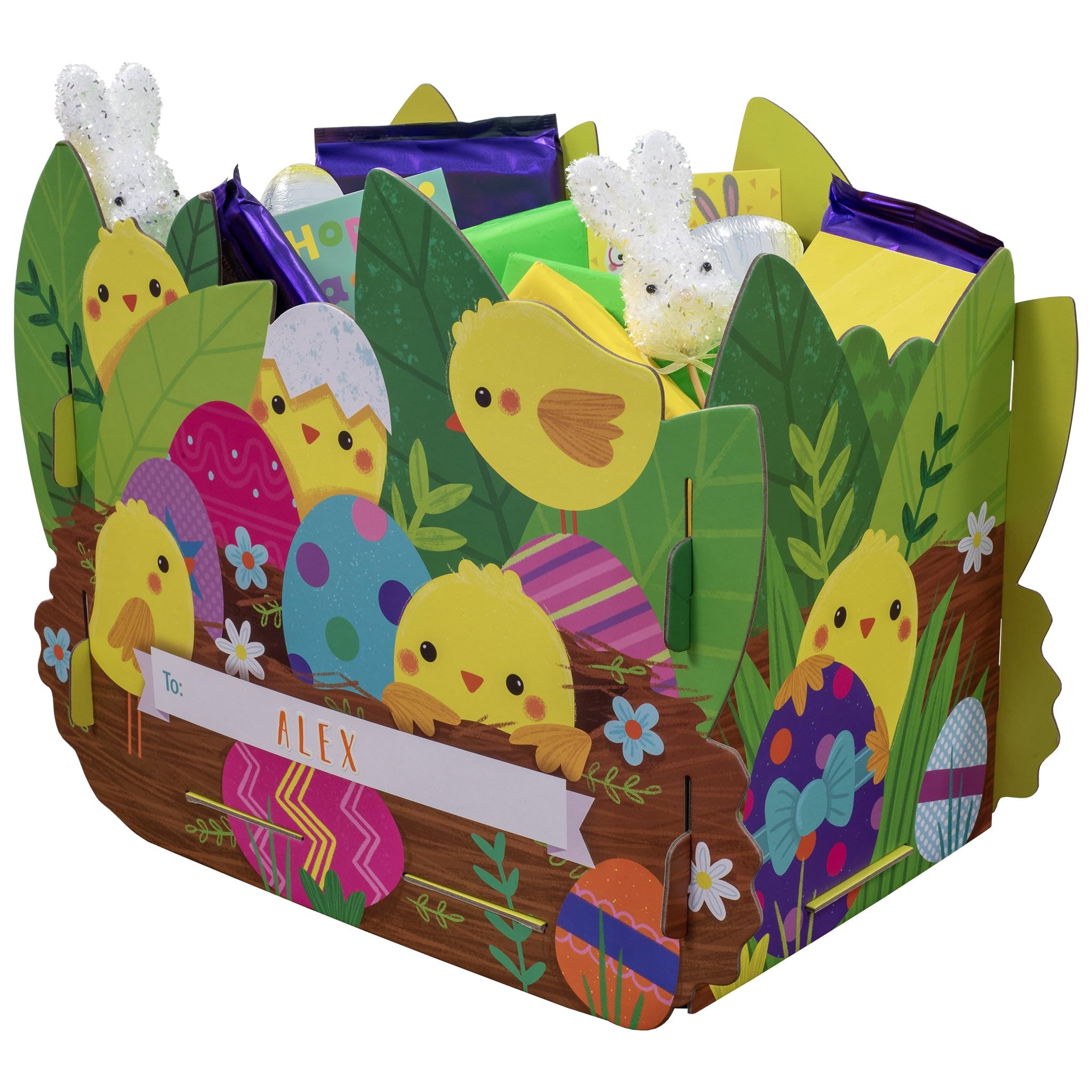 Design By Violet Easter Chick Large Gift Box for Easter Eggs with 83 Alphabet Stickers to Personalise – Cardboard Treat Box Basket for Chocolate Gifts, Egg Hunt Presents, Hamper Display
