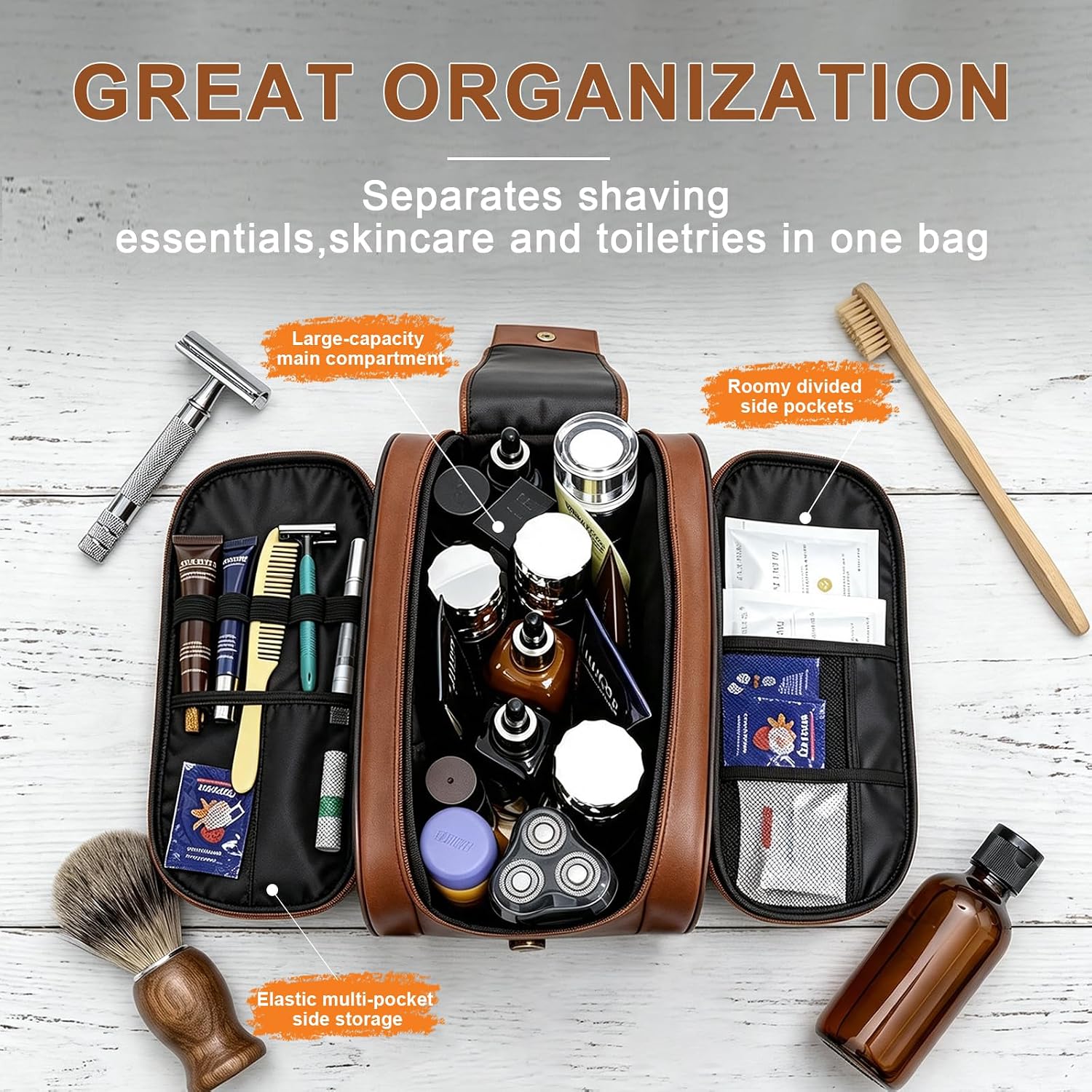 Large Capacity Shaving Toiletry Bag,Waterproof Leather Dopp Kit, Men(Brown image 2
