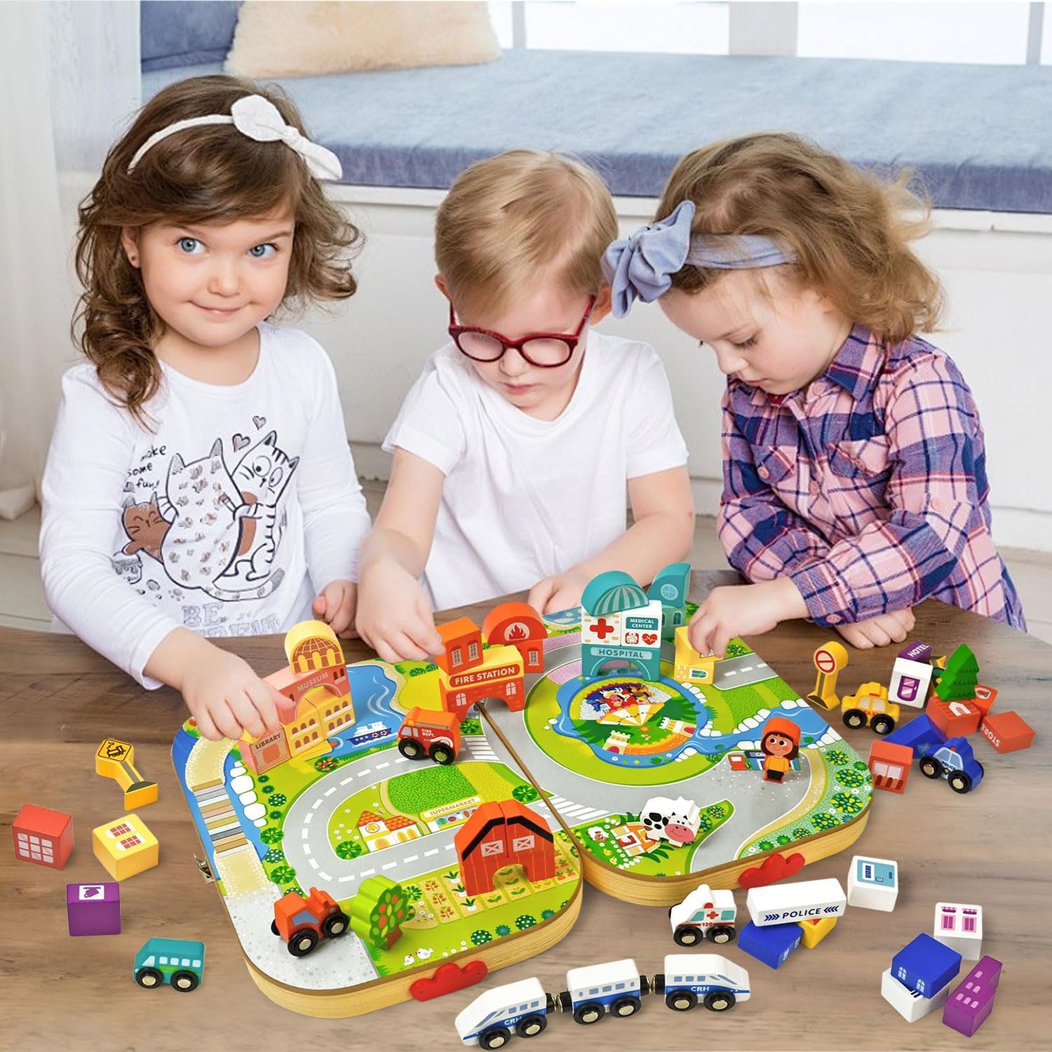 Vileafy Toys Building Blocks Set for Boys and Girls Gift, 56 Pcs Wooden City Stacking Block, Educational Toys for 3 4 5 6 Years Old Kids