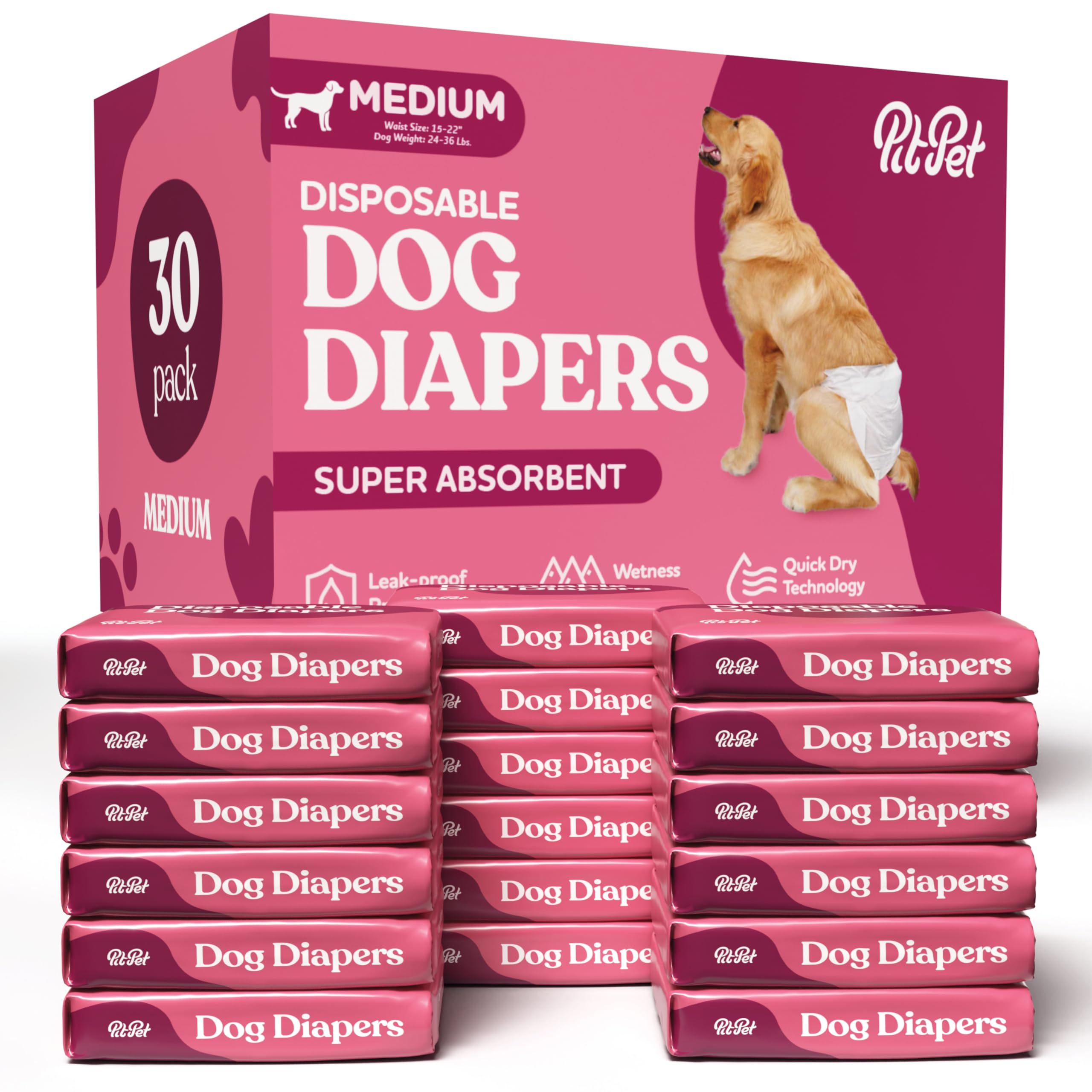 Super Absorbent Female Dog Diapers - 30-Pack Comfortable Disposable Doggie Diapers - FlashDry Gel Technology &amp; Wetness Indicator - Leakproof Diapers for Dogs in Heat, Excitable Urination, Incontinence