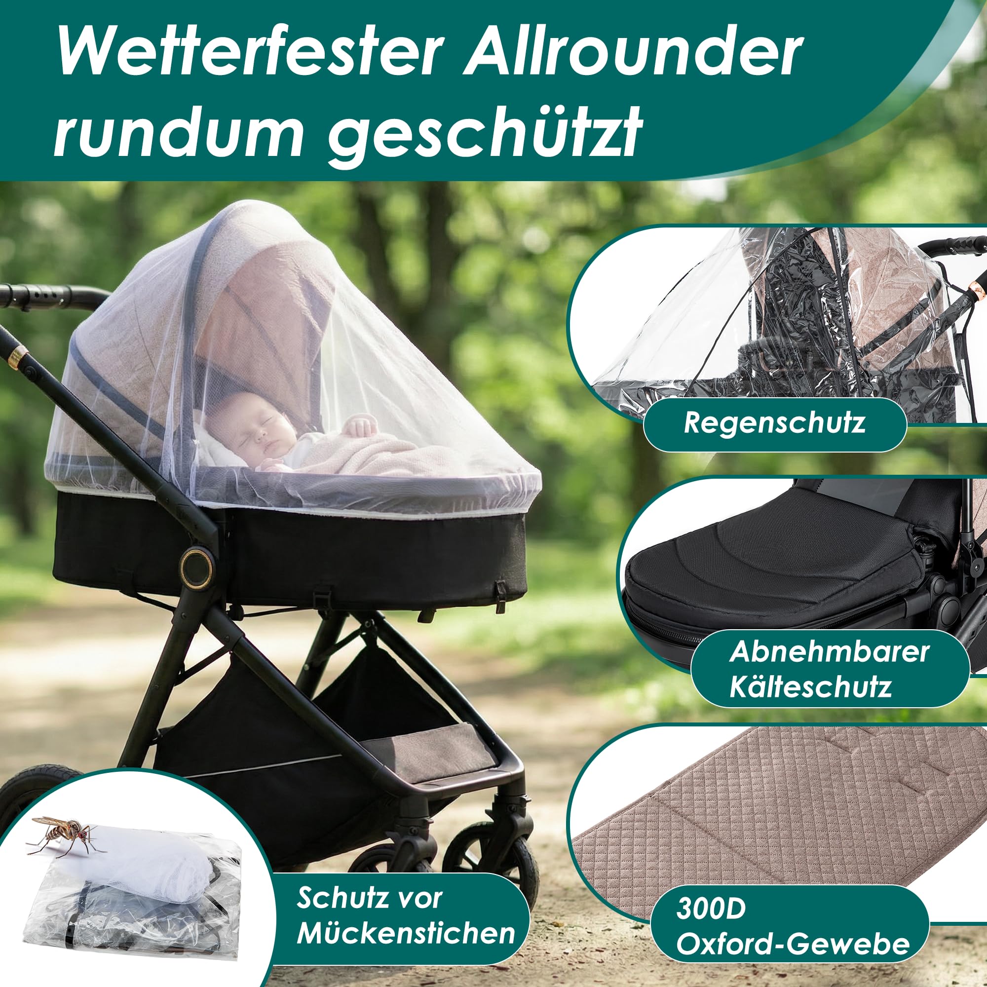 Kinderwagen 3 in 1, Kinderwagen, Zusammenklappbar kombikinderwagen 3 in 1 komplettset inkl. Becherhalter, Moskitonetz, Fußabdeckung, Regenschutz, Kinderwagen for 0-36 Monate, Khaki
