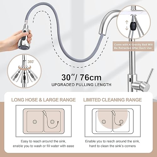 Miniatura 5 de Herogo - Grifo de fregadero de cocina sin contacto con rociador extraíble, níquel cepillado 1810 de acero inoxidable activado inteligente para