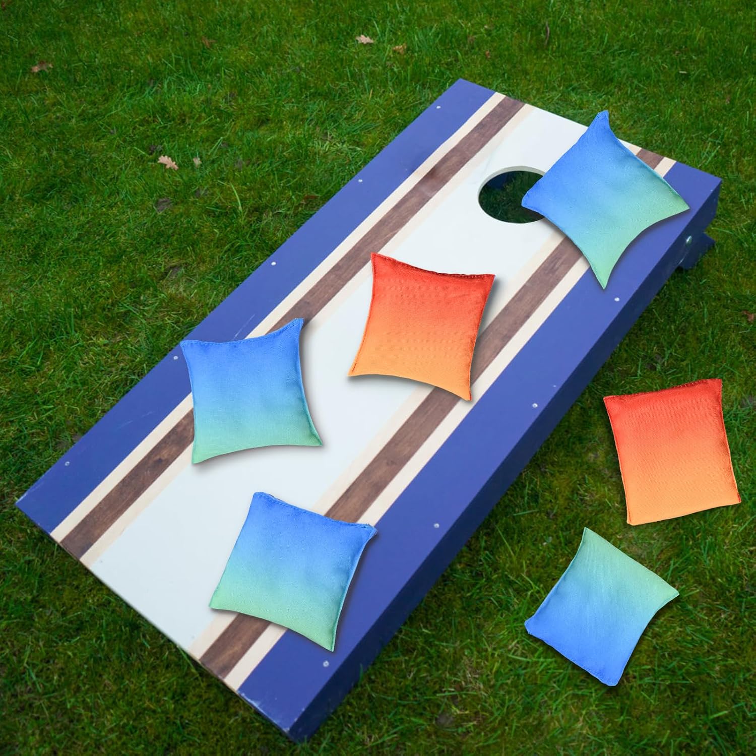 Condition photo showing New/Like New for cornhole bags set of 8, weather resistant cornhole bean bags with gradient design, durable modified size corn hole bags for outdoor tossing games, includes tote bag redorange & bluegreen