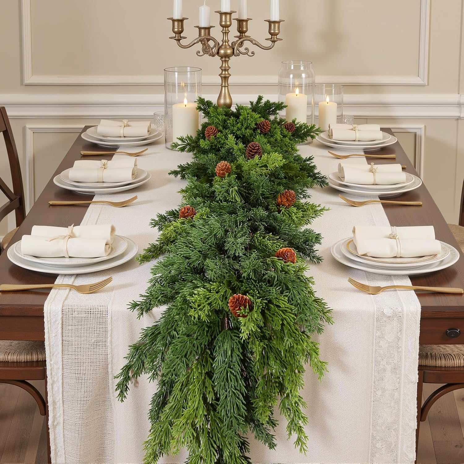 9FT Christmas Garland, Cedar Garland -Realistic Greenery Cypress Pine Garland with Pinecone for Mantle Table Railing Fireplace Indoor & Outdoor Christmas Decoration 1 9FT-Pinecone