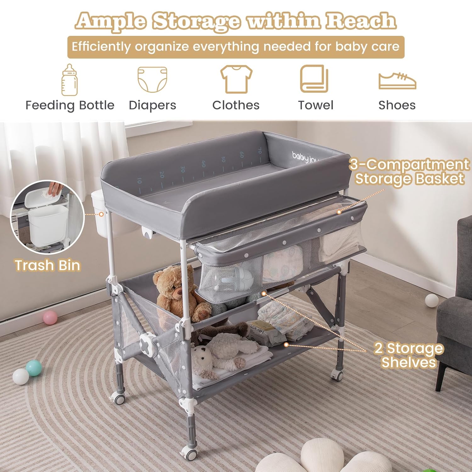 BABY JOY Portable Baby Changing Table, Foldable Waterproof Diaper Changing Station w/Wheels, Adjustable Height, Storage Basket, Shelves & Trash Bin, Mobile Nursery Organizer for Newborn Infant, Gray