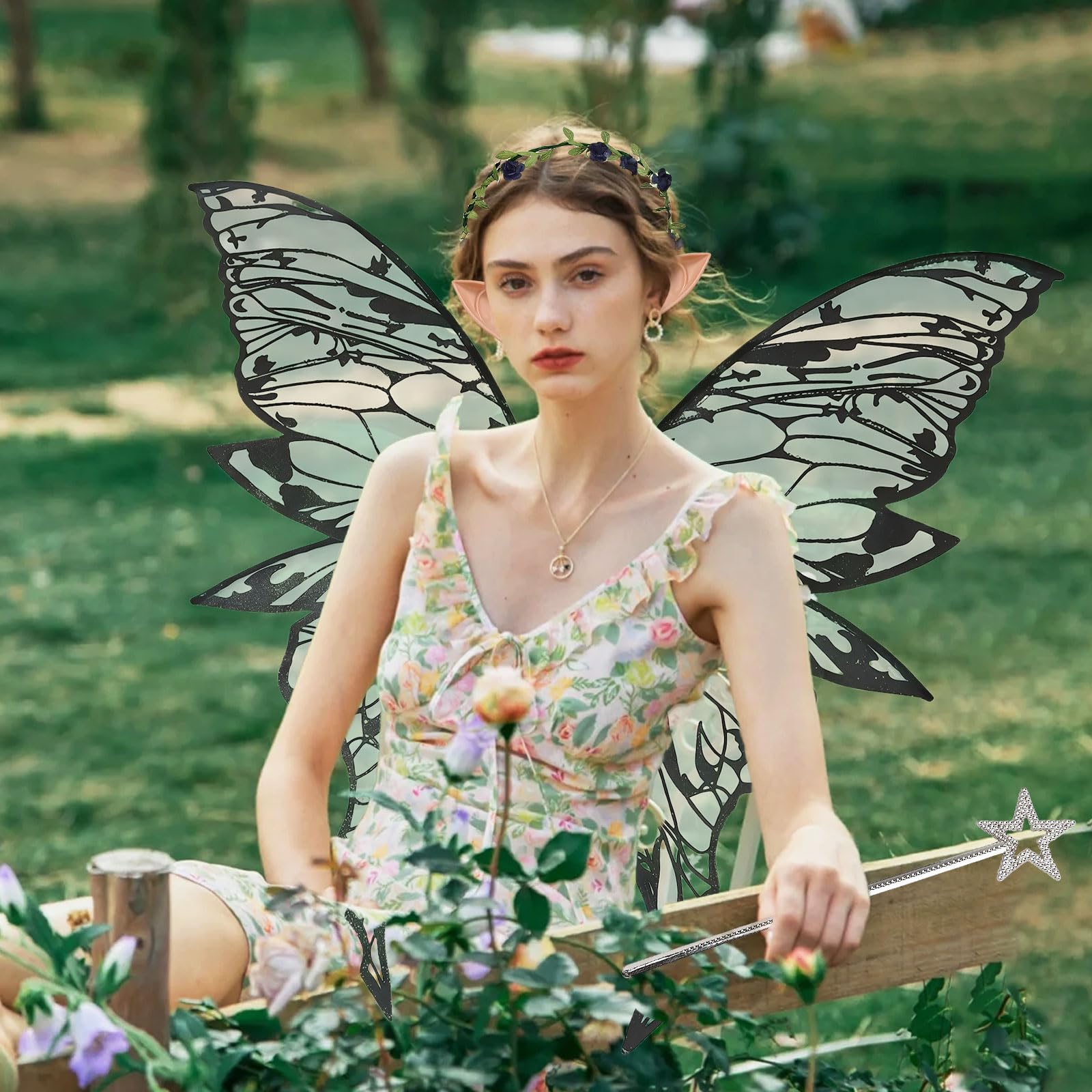 SSKHE Fairy Wings, Butterfly Wings for Women Girls Angel Costume Accessories, Sparkling Sheer Wings with Flower Headband - Image 3