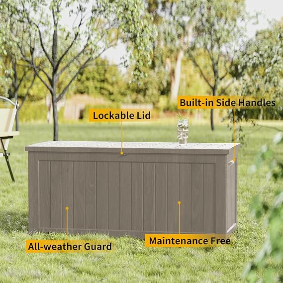 230 Gallon Outdoor Storage Box, Waterproof Resin Deck Box for Patio, Pool, and Garden, Lockable Bin for Cushions, Tools, and Accessories (Grey, 230GAL)