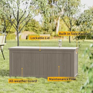 230 Gallon Outdoor Storage Box, Waterproof Resin Deck Box for Patio, Pool, and Garden, Lockable Bin for Cushions, Tools, and Accessories (Grey, 230GAL)