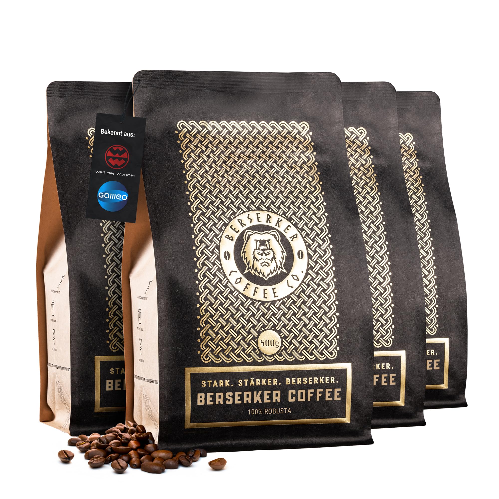 BERSERKER COFFEE - Extra starker Kaffee, 100% Robusta Kaffeebohnen, 4x500g - 3x soviel Koffein wie 08/15-Kaffee, säurearm - GANZE BOHNE