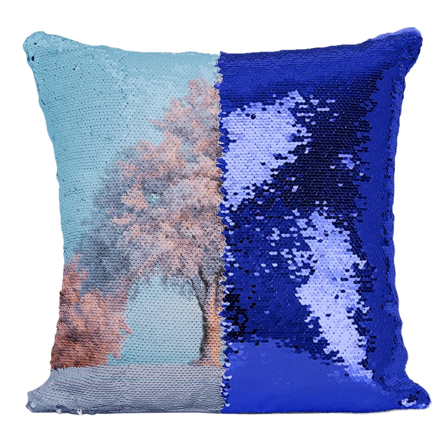 Coussin sequin bleu motif arbre enneigé cadeau de Noël idéal