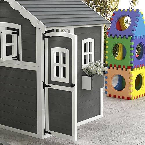 Miniatura 8 de Outsunny Casa de juegos para niños, casa de juegos de madera al aire libre con piso, puerta, ventanas y jardinera para niños de 3 a 8 años, patio