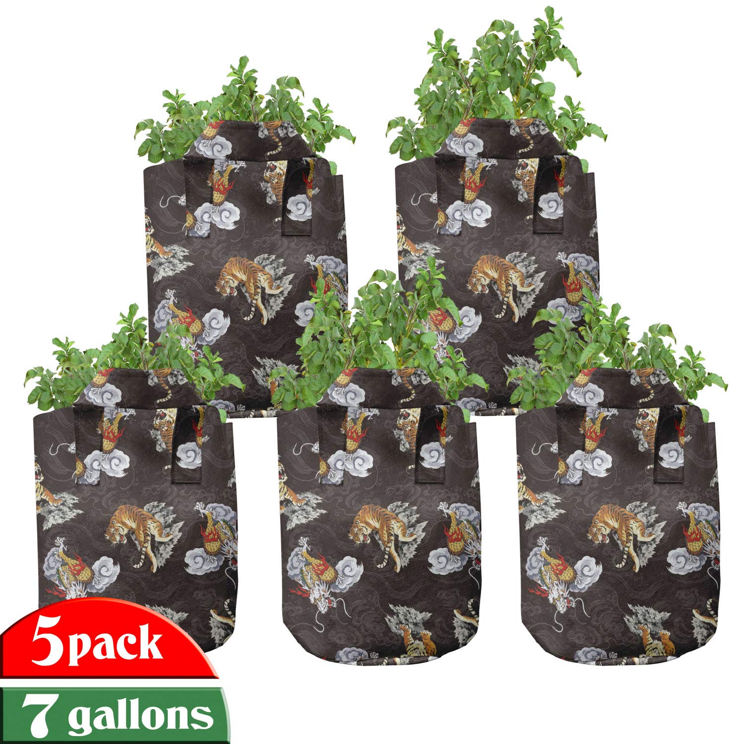 Lunarable Dragon Grow Bags 5-Pack, Dragon Tiger Between Smokes, Heavyduty Fabric Pots with Handles for Plants, 7 Gallon, Pale Coffee Red Black