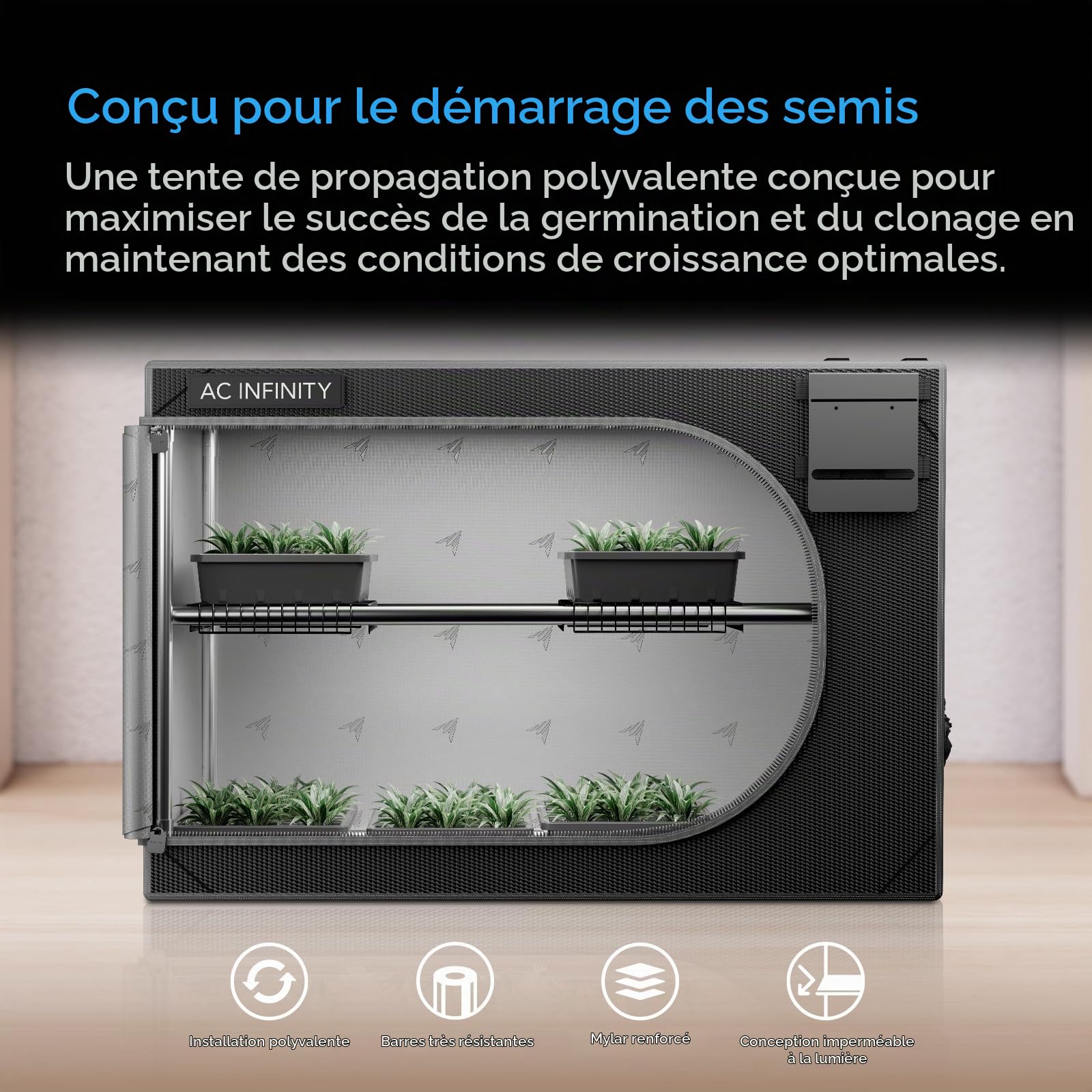 AC Infinity CLOUDLAB Tente de Culture de Propagation avancée, 60 x 60 x 90 cm, Toile Mylar Diamant 2000D, Orientation Verticale Horizontale, Mini Tente de Germination, clonage de Champignons, Culture