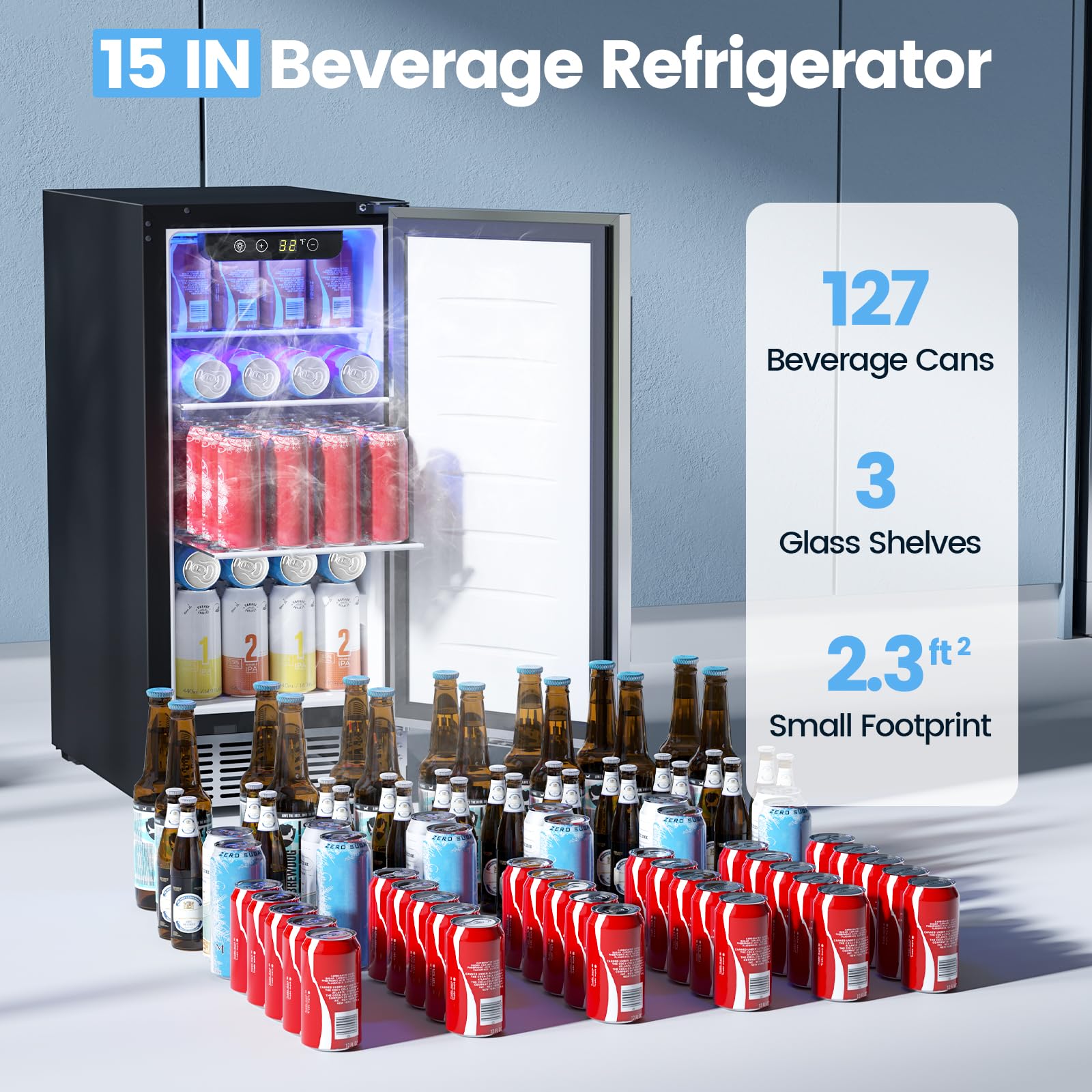 Cowsar 15 Inch Outdoor Beverage Refrigerator, Under Counter Beverage Fridge With Stainless Steel Door, Built-In Or Freestanding Beverage Cooler 127 Cans For Home/Kitchen/Patio/Bar on Fridge.com - View 2
