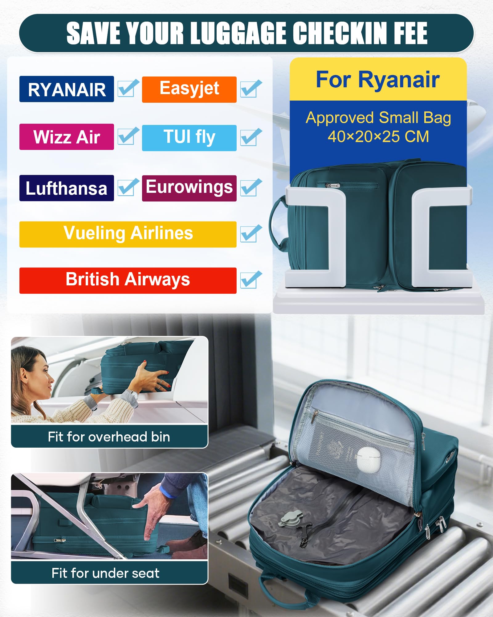 BJLFS Zaino da Viaggio con Sottovuoto Ryanair 40x30x20 Wizzair Bagaglio a mano 40x20x25 Ryanair con Pompa Borse da Cabina per Easyjet 45x36x20 con compressione sottovuoto,Zaino Casual per Laptop
