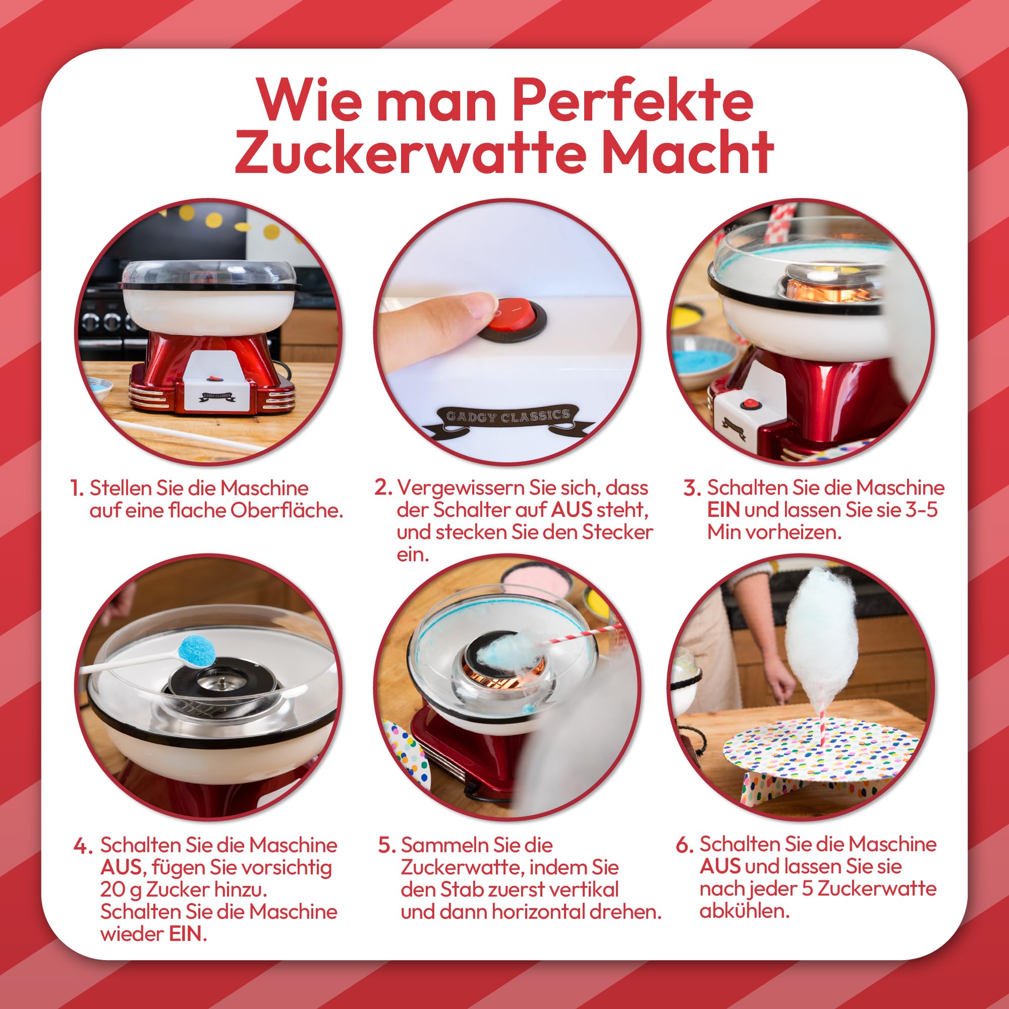 Gadgy Zuckerwattemaschine 500W Retro Zuckerwatte Maker mit Zubehör