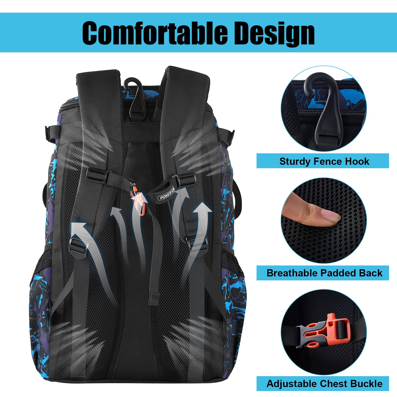 Power King 45L Youth Baseball Bat Bag, Large Capacity Backpack for Baseball, T-Ball & Softball Equipment & Gear with Shoe Compartment | Fence Hook | Helmet Holder