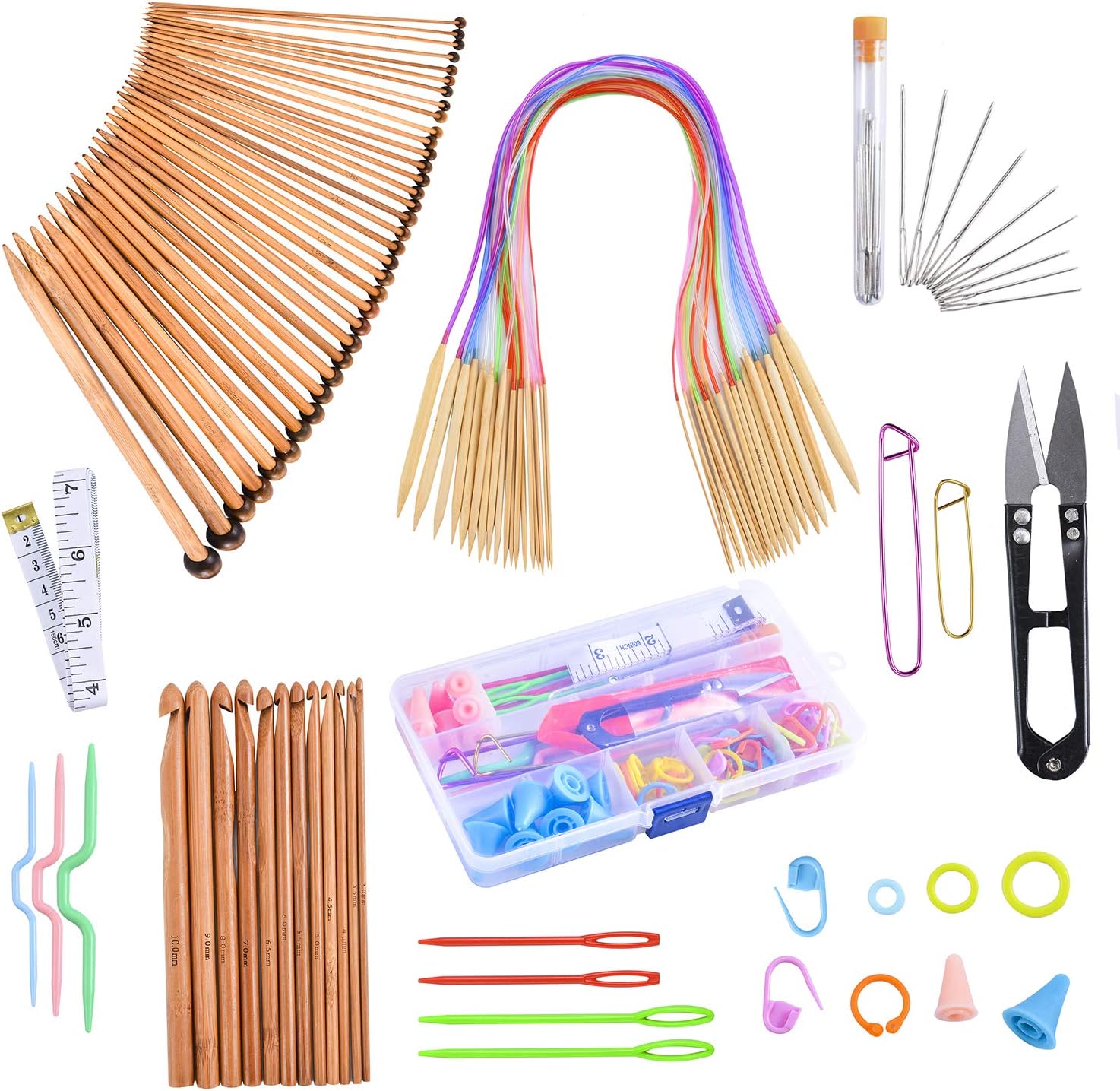 Knitting Needles Set-18 Pairs 18 Sizes Bamboo Circular Knitting Needles with Colored Tube 36 Pcs 18 Sizes Single Pointed Bamboo Knitting Needles 12 Pcs 12 Sizes Crochet Hooks Set Weaving Knitting Kits
