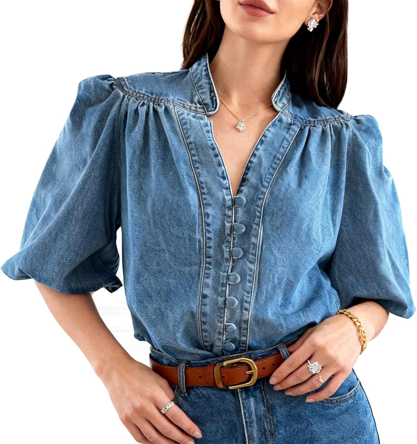 Women's Vintage Denim Shirt, V Neck 3/4 Lantern Sleeve Blouse, Casual Button Down Jean Top