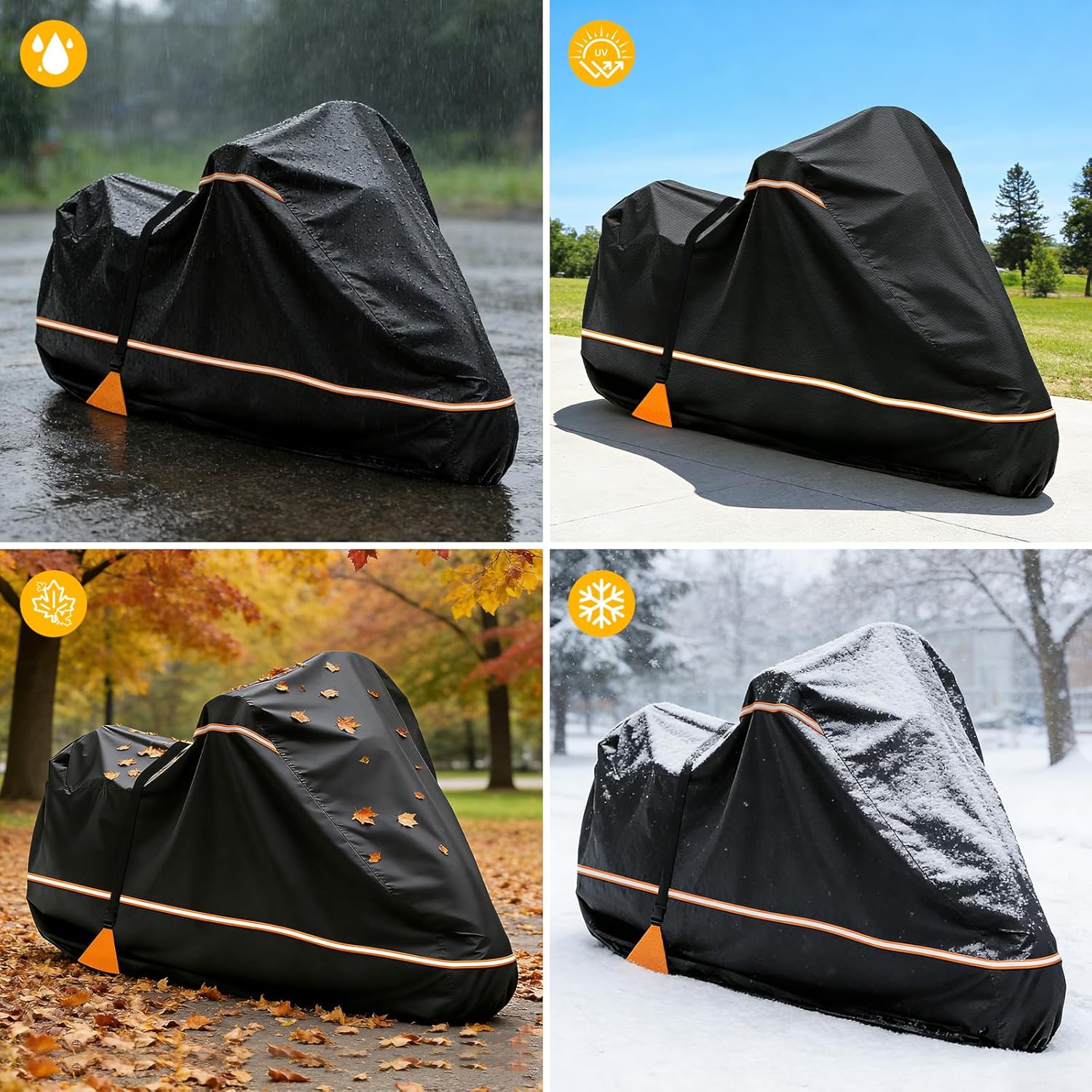 Full Enclosed Motorcycle Cover, 600D Heavy Duty Waterproof Motorcycle Cover 108 Inch, Fits for Harley Honda Yamaha Suzuki Scooter, Dirtbike, Cruiser, Touring Models, Black