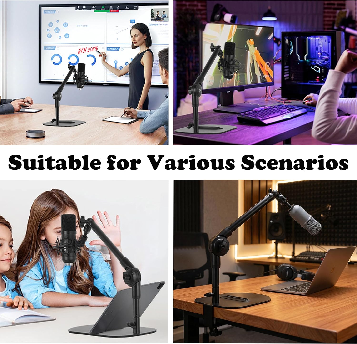 Desktop Microphone Stand, Adjustable Desk Mic Stand for AM8 K669B Yeti HyperX QuadCast SoloCast AT2020, Webcams Camera, Compatible 1/4, 3/8 & 5/8 Thread, for Recording/Podcasting/Streaming