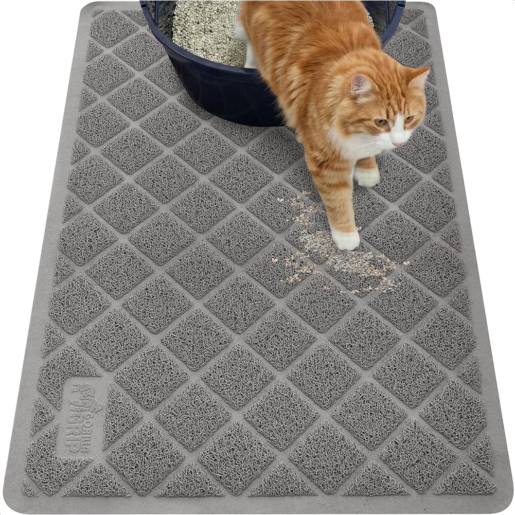 GORILLA GRIP Cat Litter Box Mat, 35x23, Water Resistant, US Designed Kitty Litter Trapping Mats, Easy to Clean, Scatter Control, Less Mess and Clean Floors, Kitten Supplies for Indoor Cats, Gray
