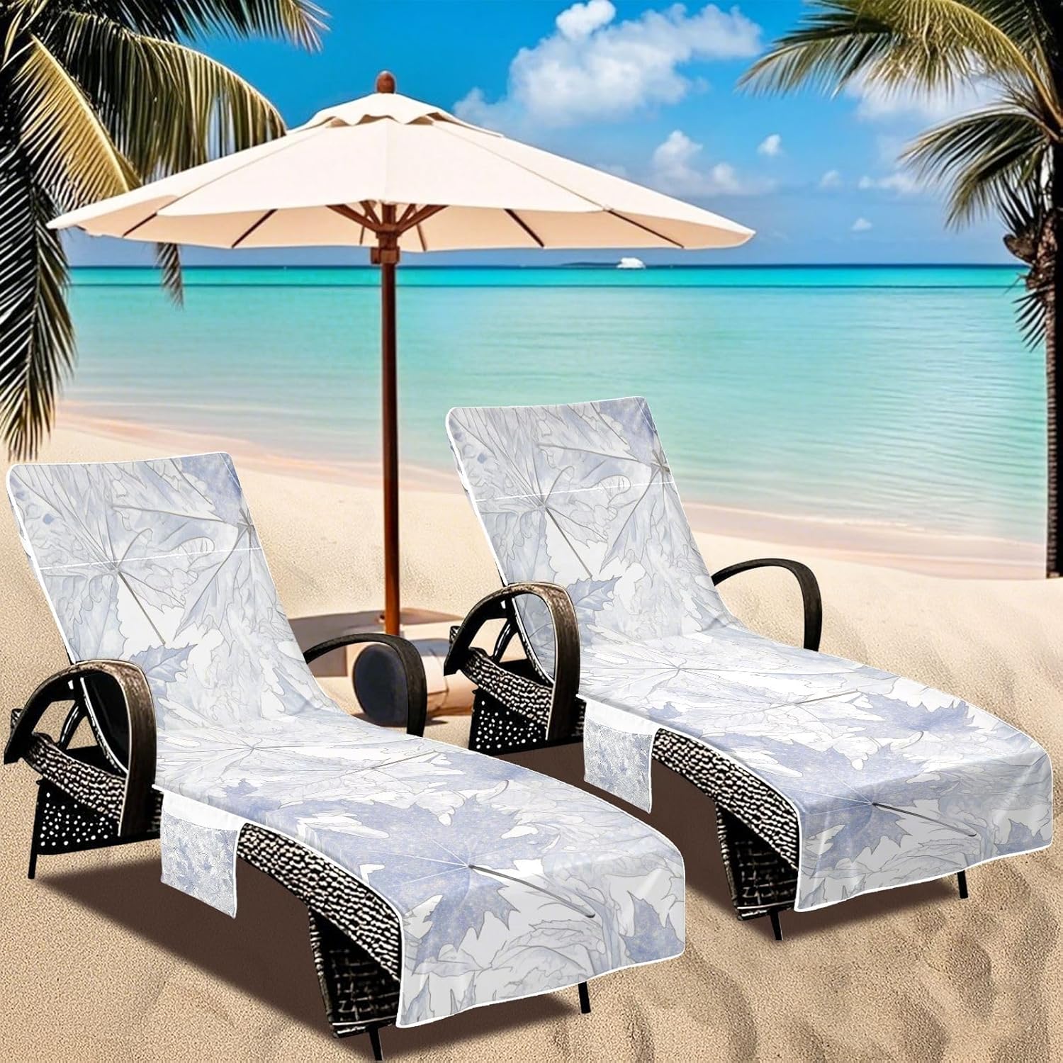 Silver Maple Leaf Patio Lounge Chair Cover Heavy Duty Outdoor Chaise Lounge Cover with Pockets for Pool Sunbathing Beach Garden, 85" X 30"