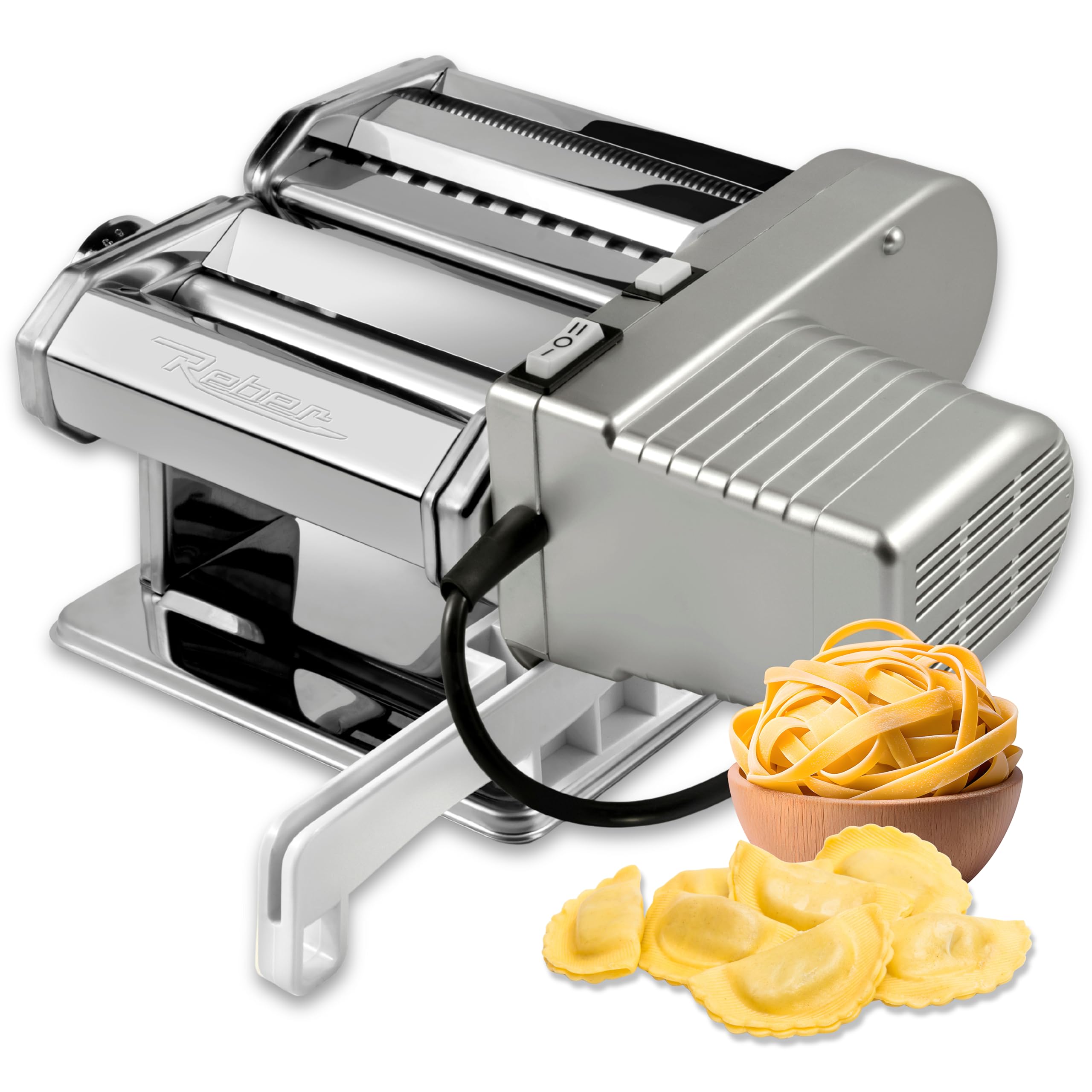 Reber Macchina per la Pasta Fresca Elettrica e Manuale 60 W, 2 Velocità | 9 Livelli di Spessore, Rulli da 150 mm, Sfogliatrice e Taglio Doppio 1,5 + 6,6 mm - PastaReber Kit Elettrico Silver